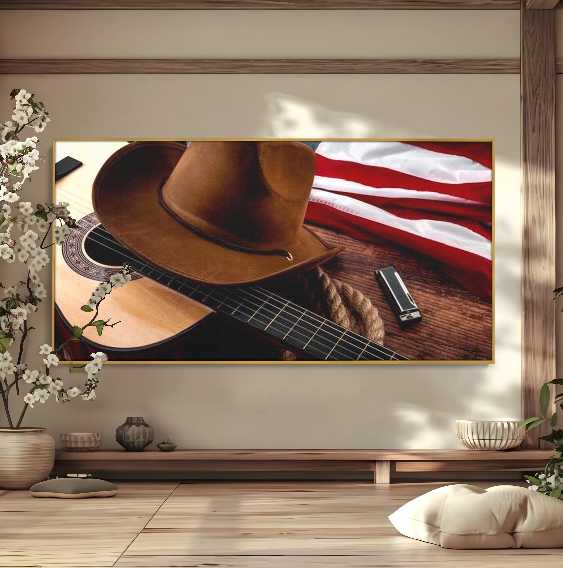 Tablou Canvas Premium, LuxCanva® L1014, Balada Vestului Salbatic, Drapel, Tara, Cultura, American, Palarie, Chitara, Birou, Living, Camera Copii