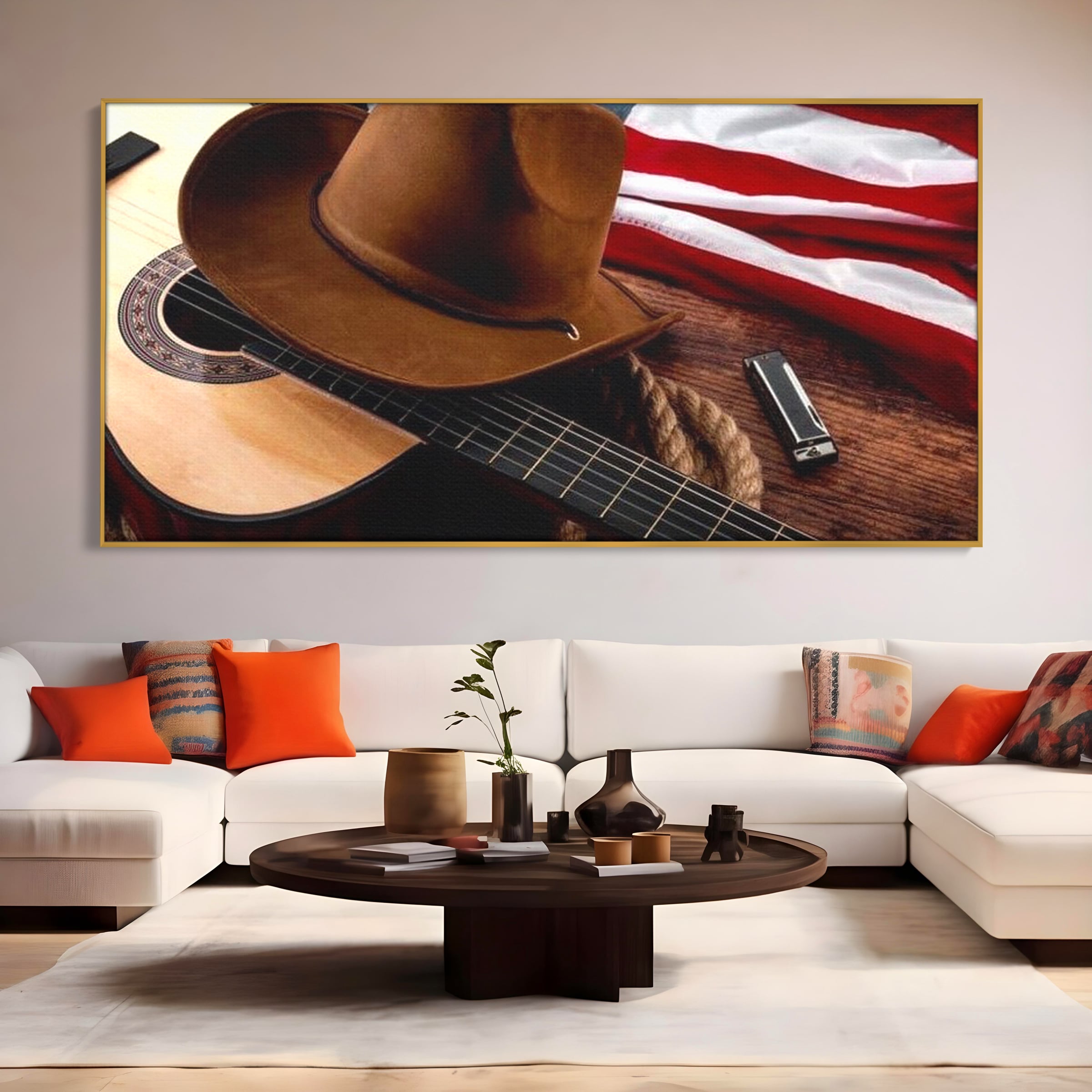 Tablou Canvas Premium, LuxCanva® L1014, Balada Vestului Salbatic, Drapel, Tara, Cultura, American, Palarie, Chitara, Birou, Living, Camera Copii