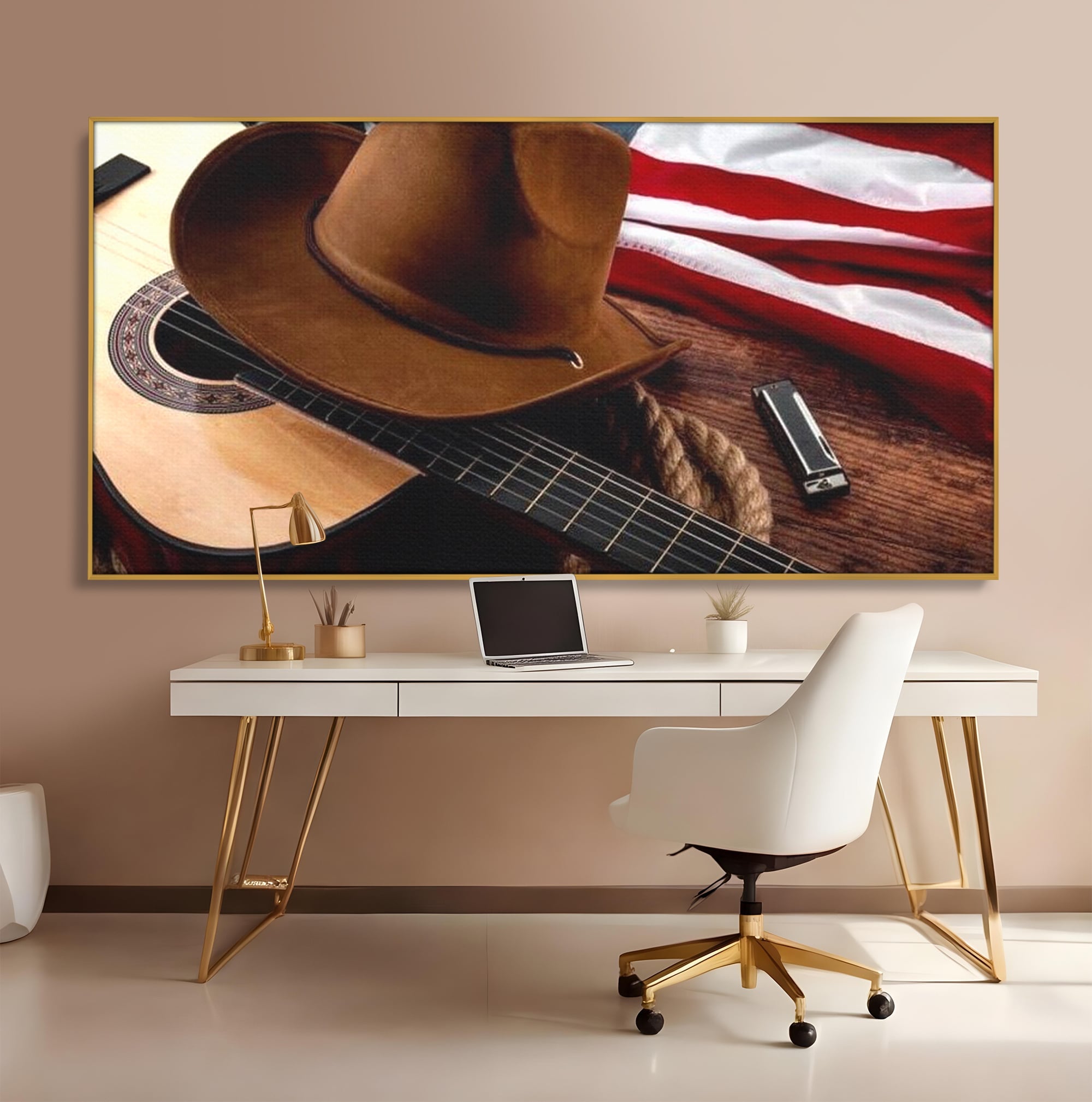 Tablou Canvas Premium, LuxCanva® L1014, Balada Vestului Salbatic, Drapel, Tara, Cultura, American, Palarie, Chitara, Birou, Living, Camera Copii