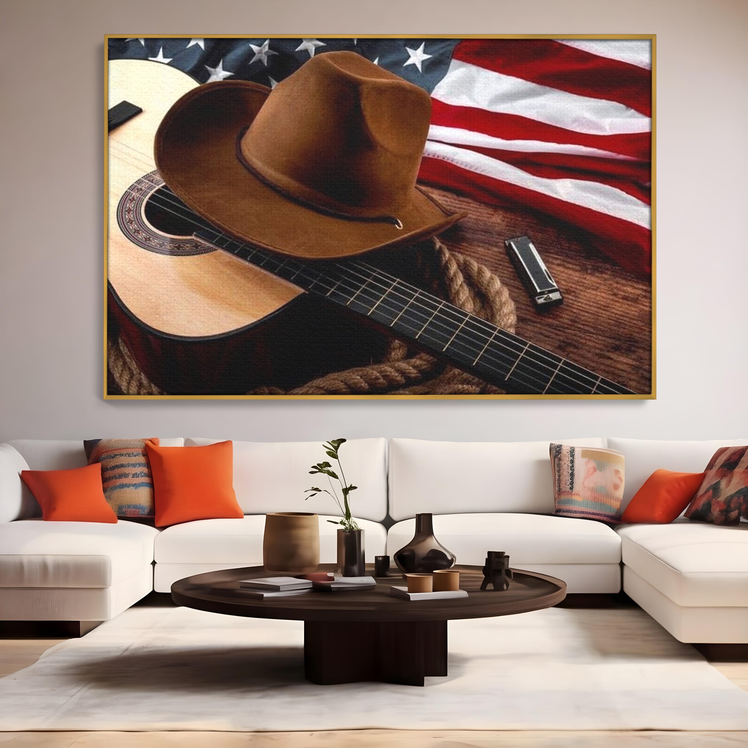 Tablou Canvas Premium, LuxCanva® L1014, Balada Vestului Salbatic, Drapel, Tara, Cultura, American, Palarie, Chitara, Birou, Living, Camera Copii