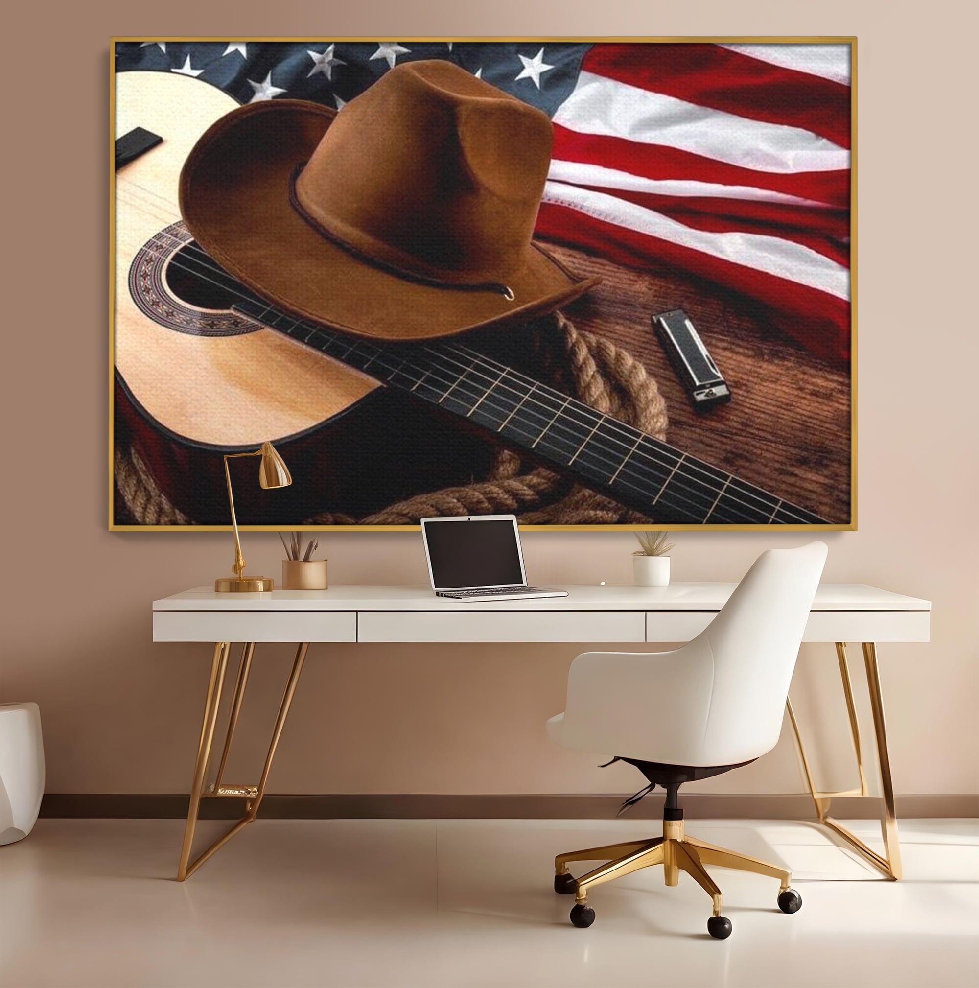 Tablou Canvas Premium, LuxCanva® L1014, Balada Vestului Salbatic, Drapel, Tara, Cultura, American, Palarie, Chitara, Birou, Living, Camera Copii