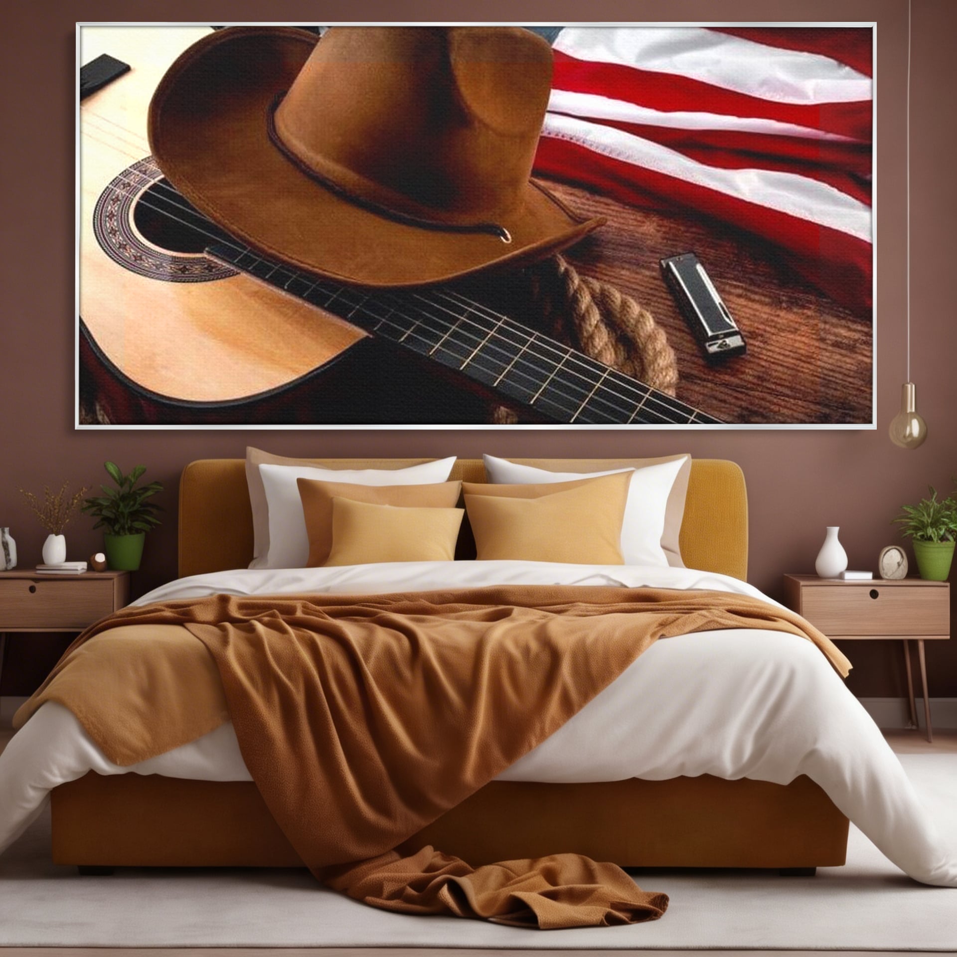 Tablou Canvas Premium, LuxCanva® L1014, Balada Vestului Salbatic, Drapel, Tara, Cultura, American, Palarie, Chitara, Birou, Living, Camera Copii