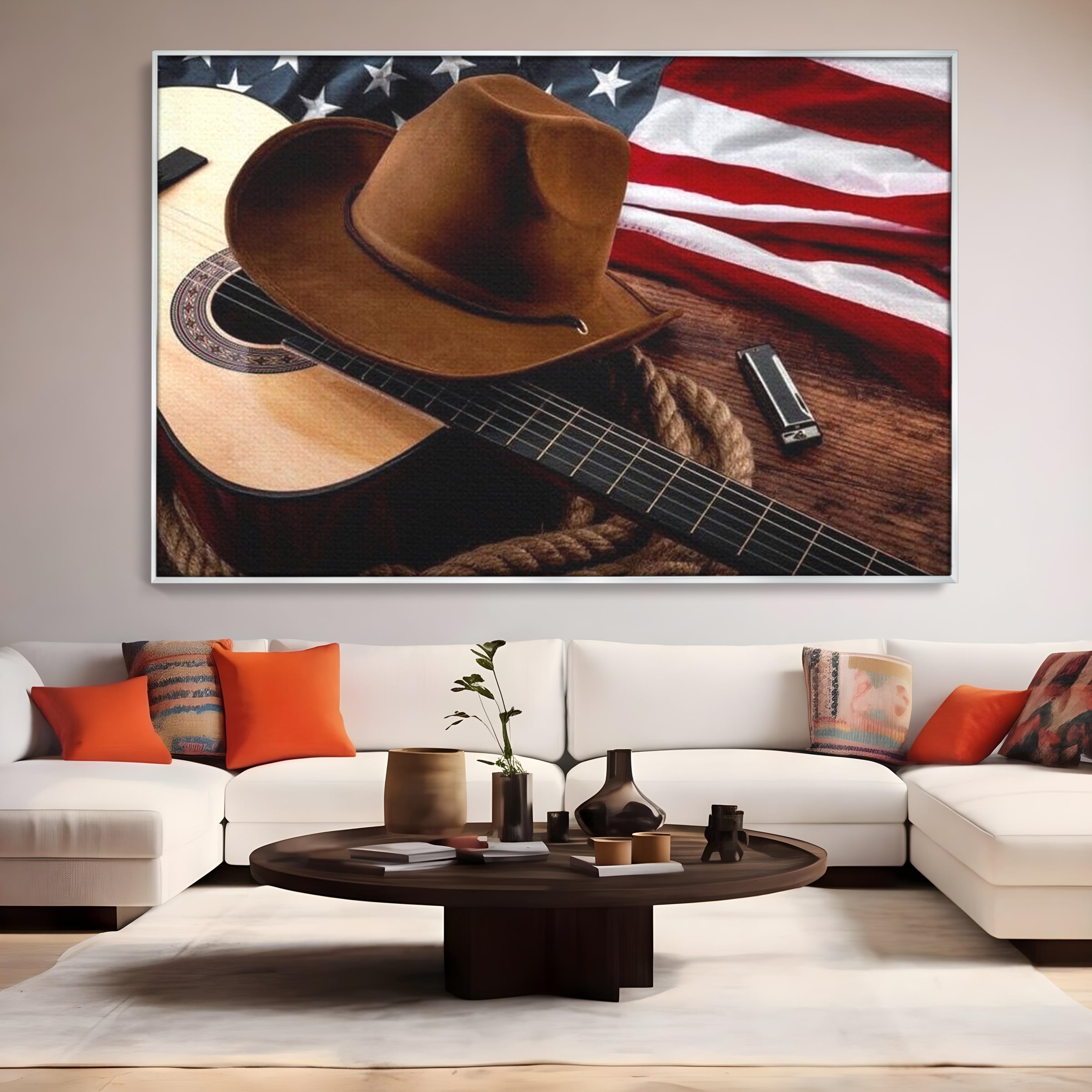 Tablou Canvas Premium, LuxCanva® L1014, Balada Vestului Salbatic, Drapel, Tara, Cultura, American, Palarie, Chitara, Birou, Living, Camera Copii