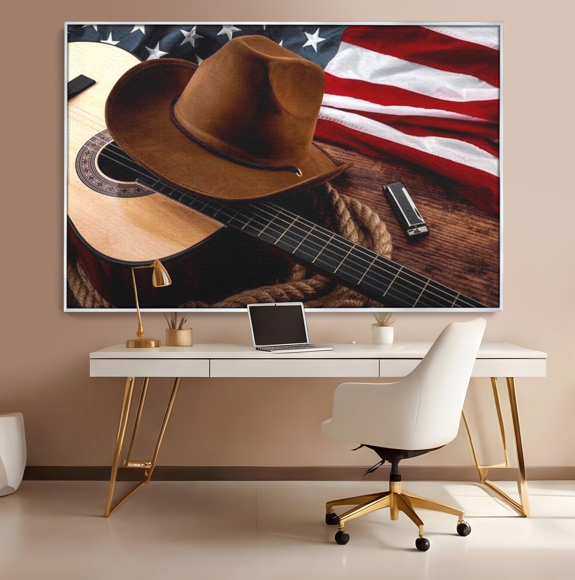 Tablou Canvas Premium, LuxCanva® L1014, Balada Vestului Salbatic, Drapel, Tara, Cultura, American, Palarie, Chitara, Birou, Living, Camera Copii