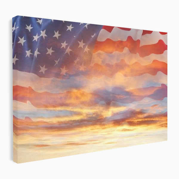 Tablou Canvas Premium, LuxCanva® L1018, Apus American, Apus, Cer, Nori, Steag, America, Lumina, Peisaj, Simbol, Natiune, Birou, Living, Camera Copii