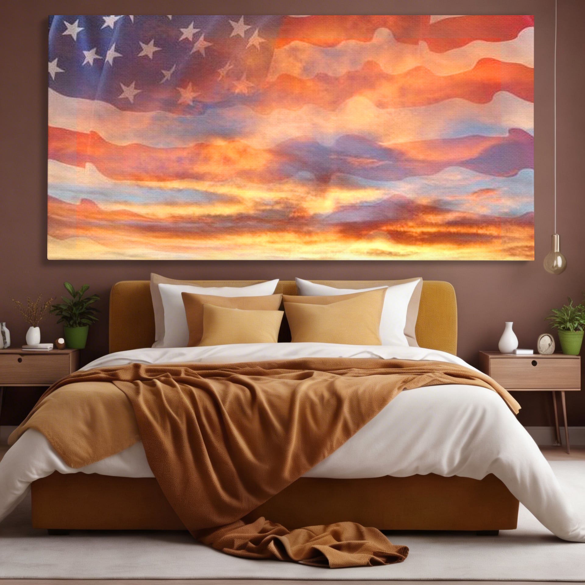 Tablou Canvas Premium, LuxCanva® L1018, Apus American, Apus, Cer, Nori, Steag, America, Lumina, Peisaj, Simbol, Natiune, Birou, Living, Camera Copii