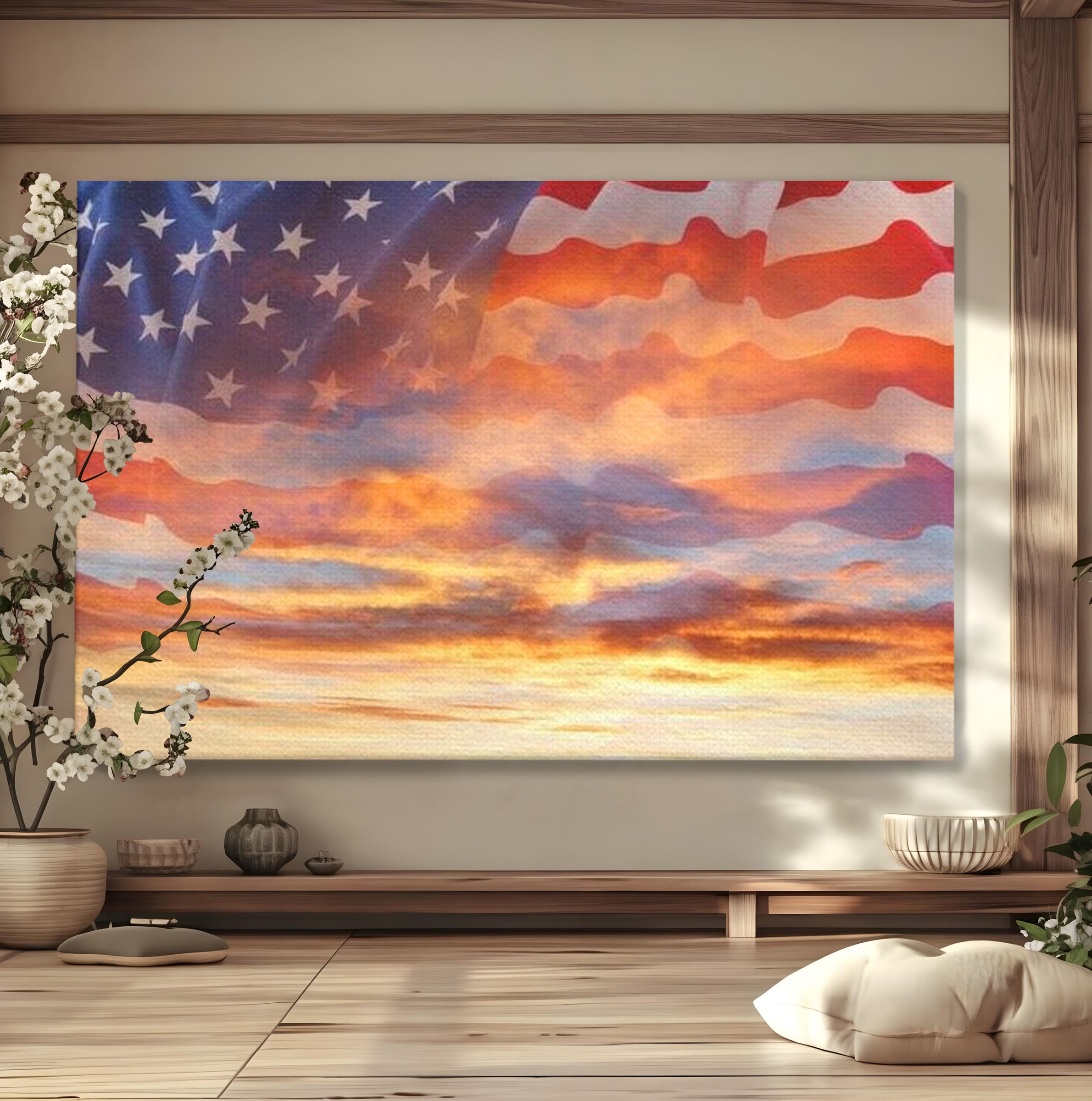 Tablou Canvas Premium, LuxCanva® L1018, Apus American, Apus, Cer, Nori, Steag, America, Lumina, Peisaj, Simbol, Natiune, Birou, Living, Camera Copii