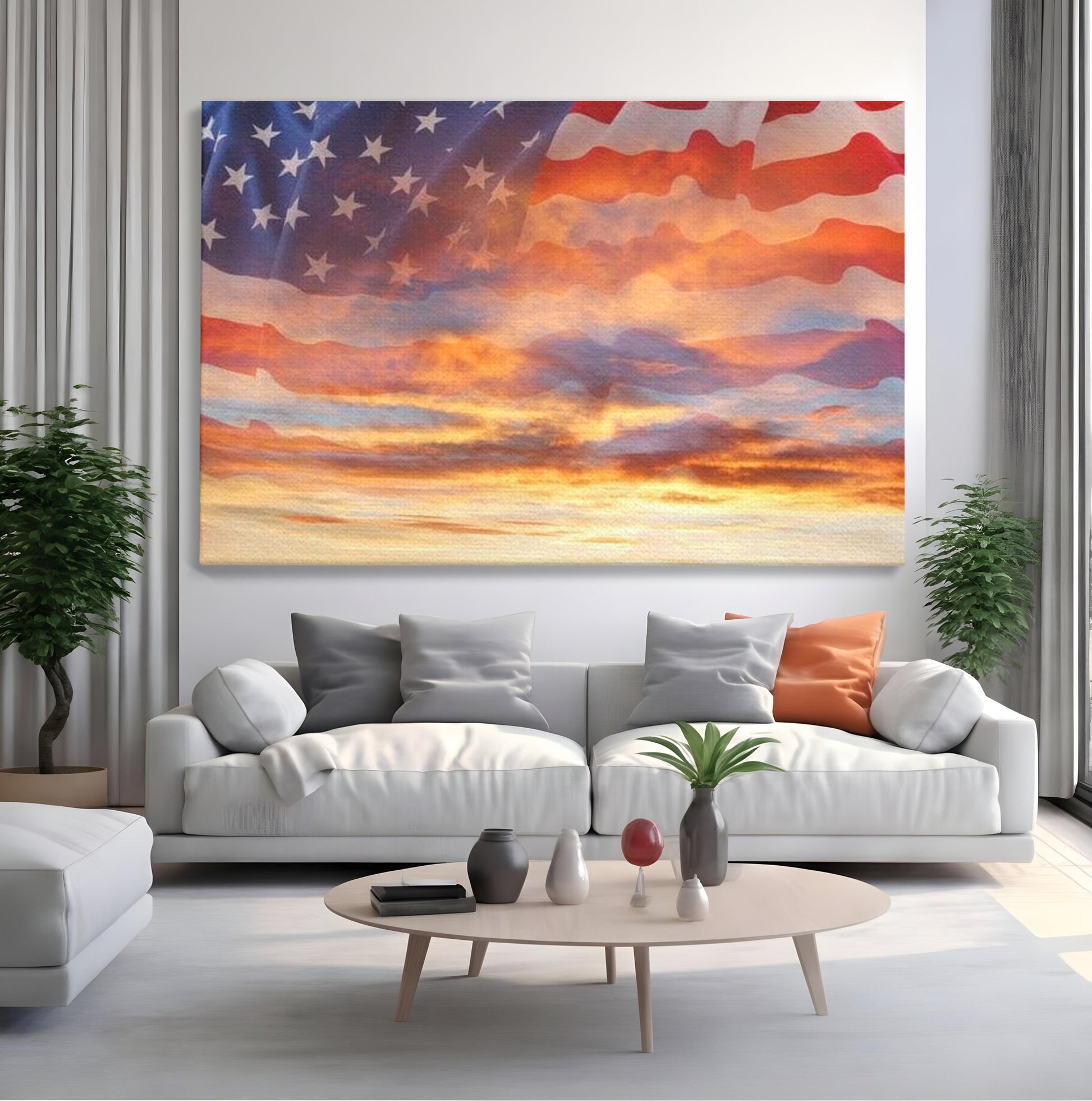 Tablou Canvas Premium, LuxCanva® L1018, Apus American, Apus, Cer, Nori, Steag, America, Lumina, Peisaj, Simbol, Natiune, Birou, Living, Camera Copii