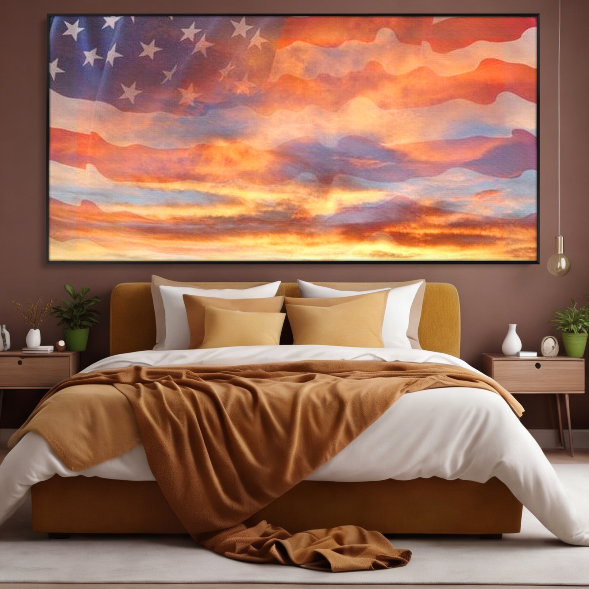 Tablou Canvas Premium, LuxCanva® L1018, Apus American, Apus, Cer, Nori, Steag, America, Lumina, Peisaj, Simbol, Natiune, Birou, Living, Camera Copii