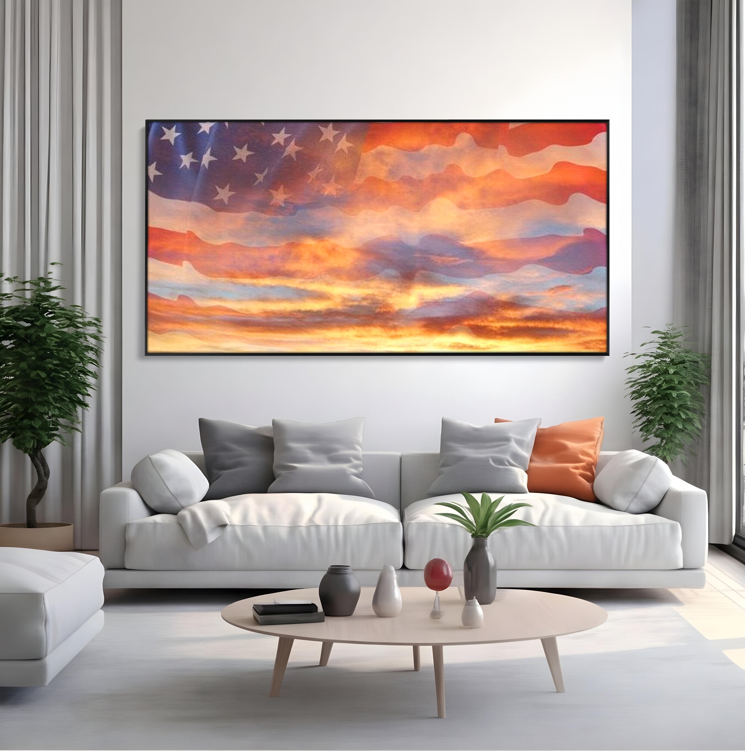 Tablou Canvas Premium, LuxCanva® L1018, Apus American, Apus, Cer, Nori, Steag, America, Lumina, Peisaj, Simbol, Natiune, Birou, Living, Camera Copii
