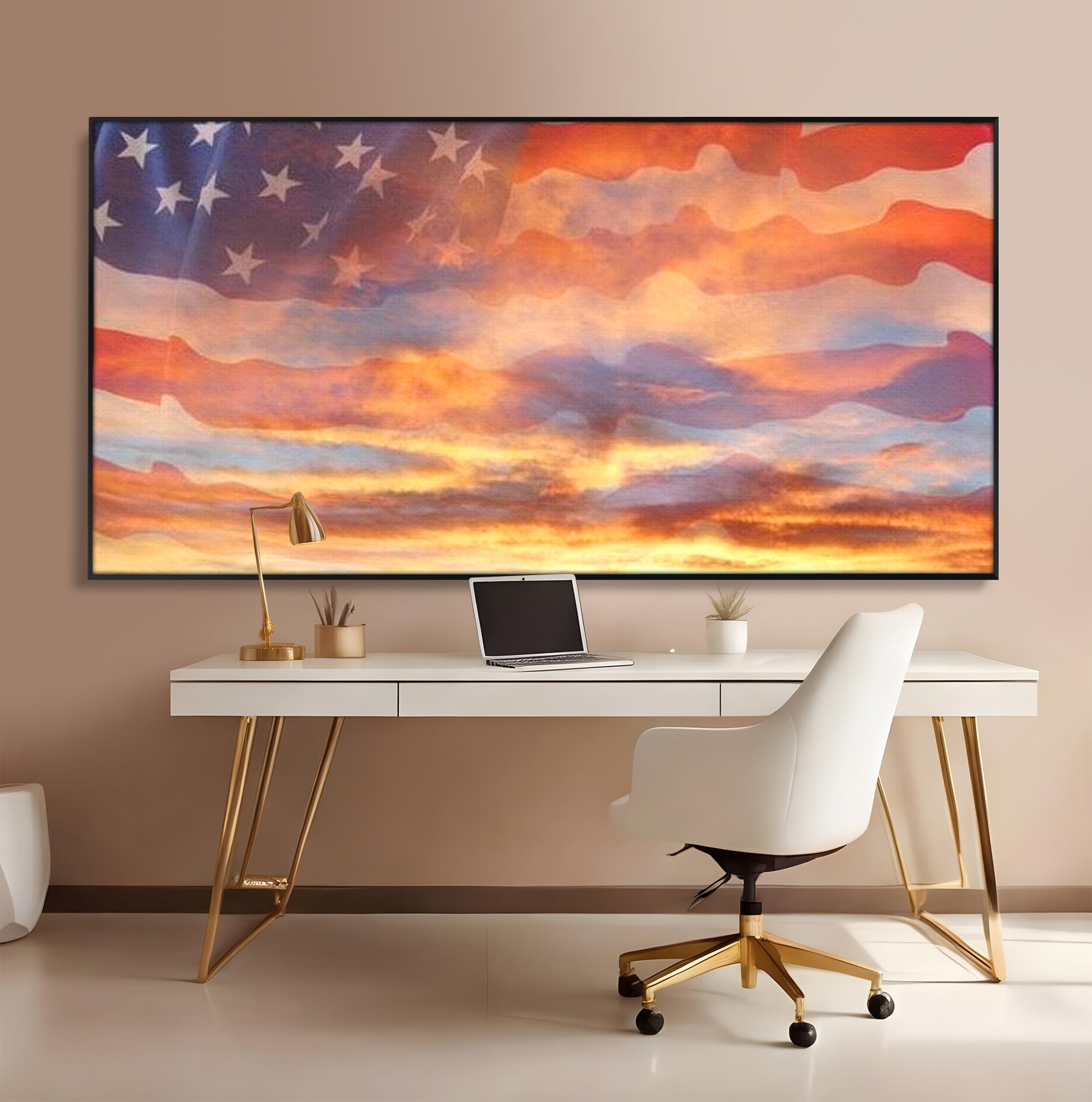 Tablou Canvas Premium, LuxCanva® L1018, Apus American, Apus, Cer, Nori, Steag, America, Lumina, Peisaj, Simbol, Natiune, Birou, Living, Camera Copii