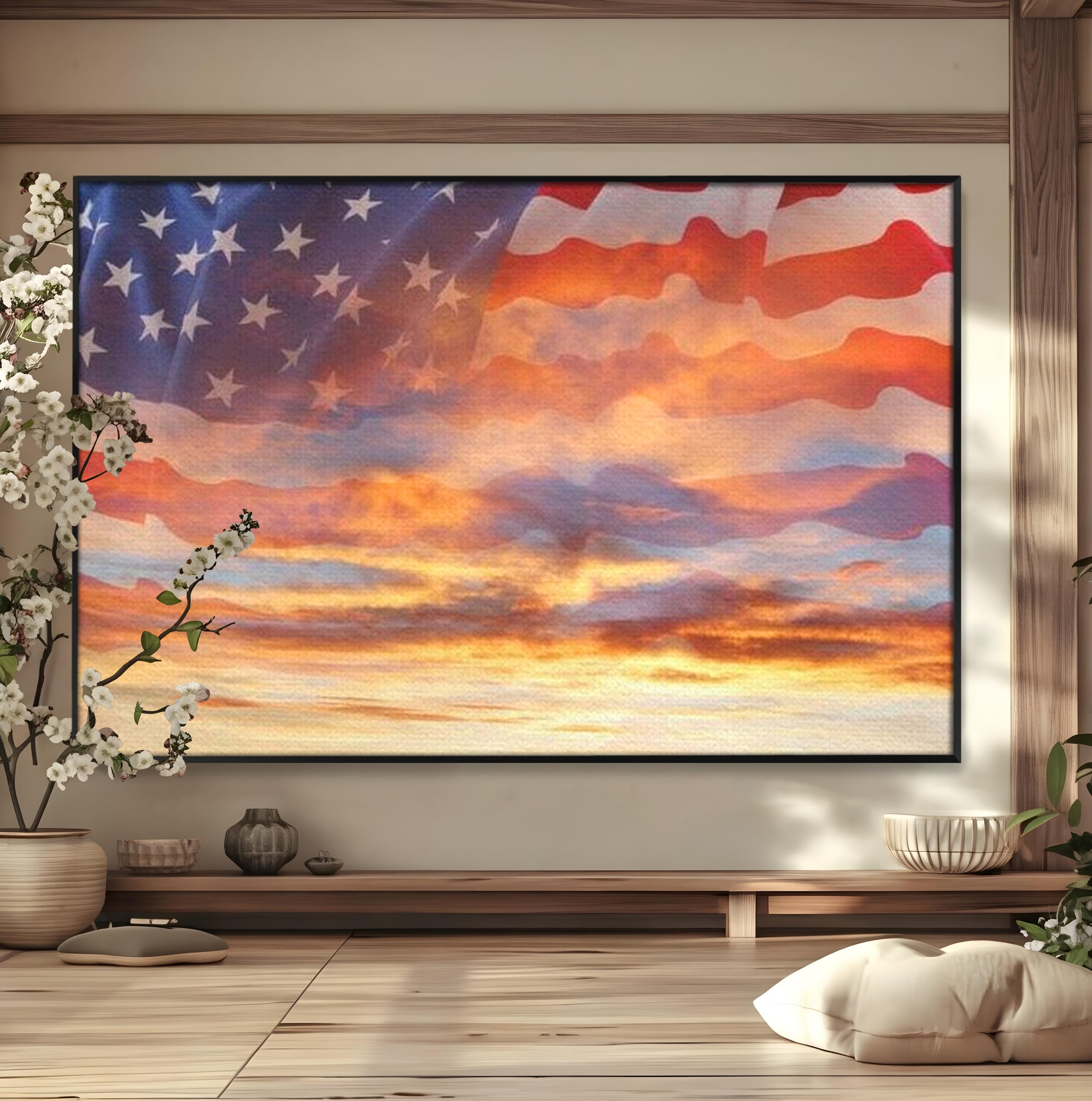 Tablou Canvas Premium, LuxCanva® L1018, Apus American, Apus, Cer, Nori, Steag, America, Lumina, Peisaj, Simbol, Natiune, Birou, Living, Camera Copii