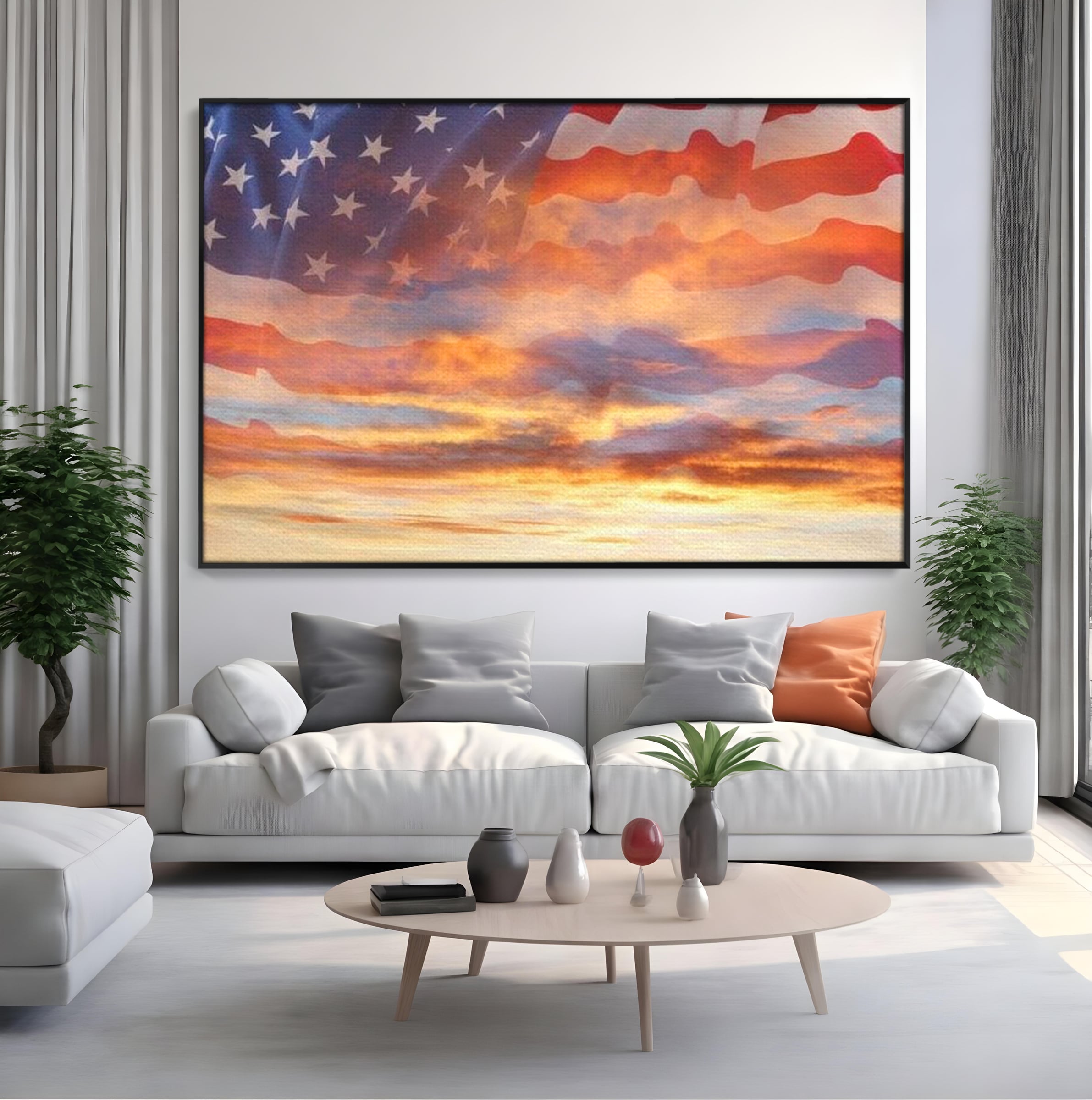 Tablou Canvas Premium, LuxCanva® L1018, Apus American, Apus, Cer, Nori, Steag, America, Lumina, Peisaj, Simbol, Natiune, Birou, Living, Camera Copii