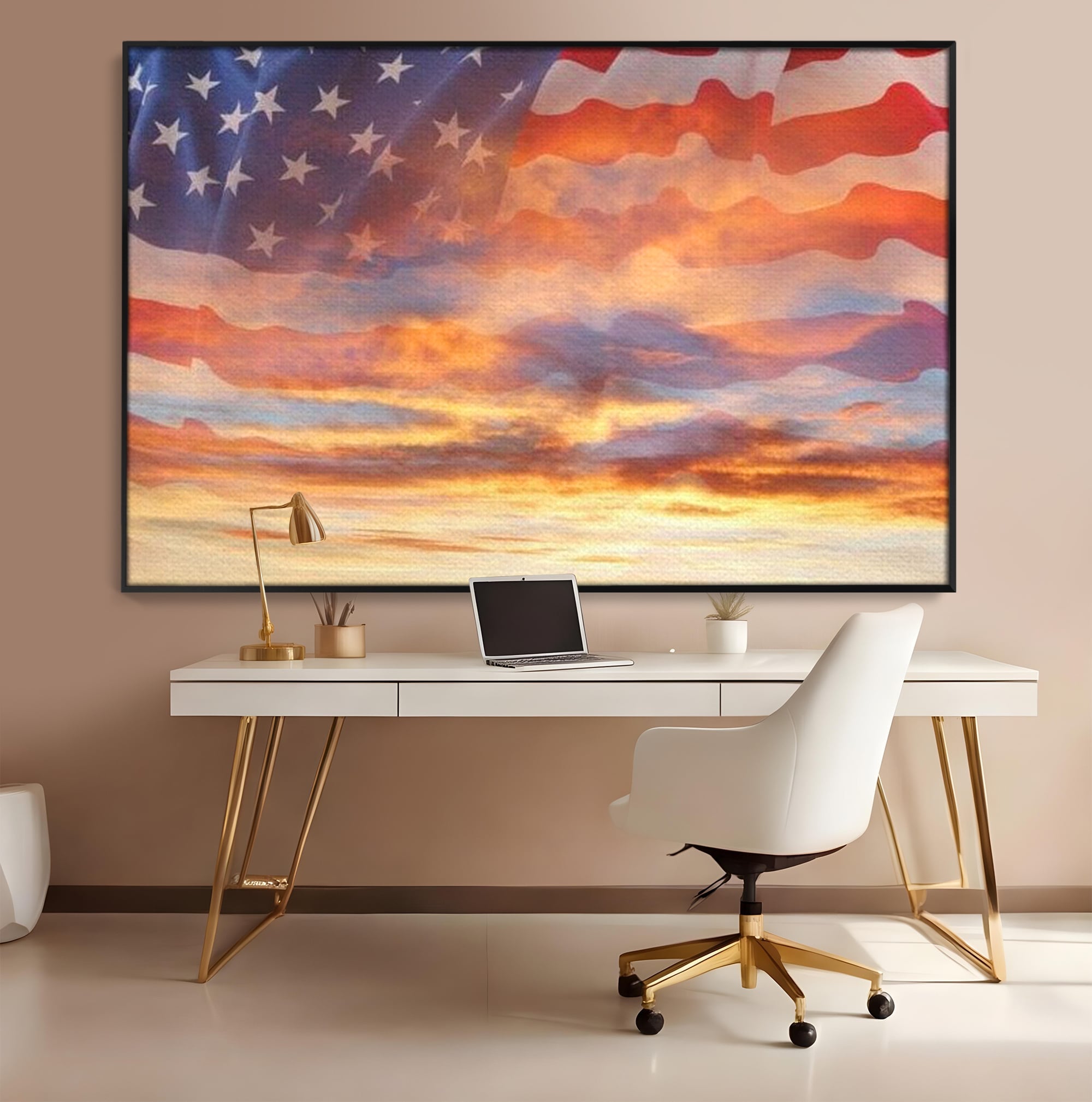 Tablou Canvas Premium, LuxCanva® L1018, Apus American, Apus, Cer, Nori, Steag, America, Lumina, Peisaj, Simbol, Natiune, Birou, Living, Camera Copii