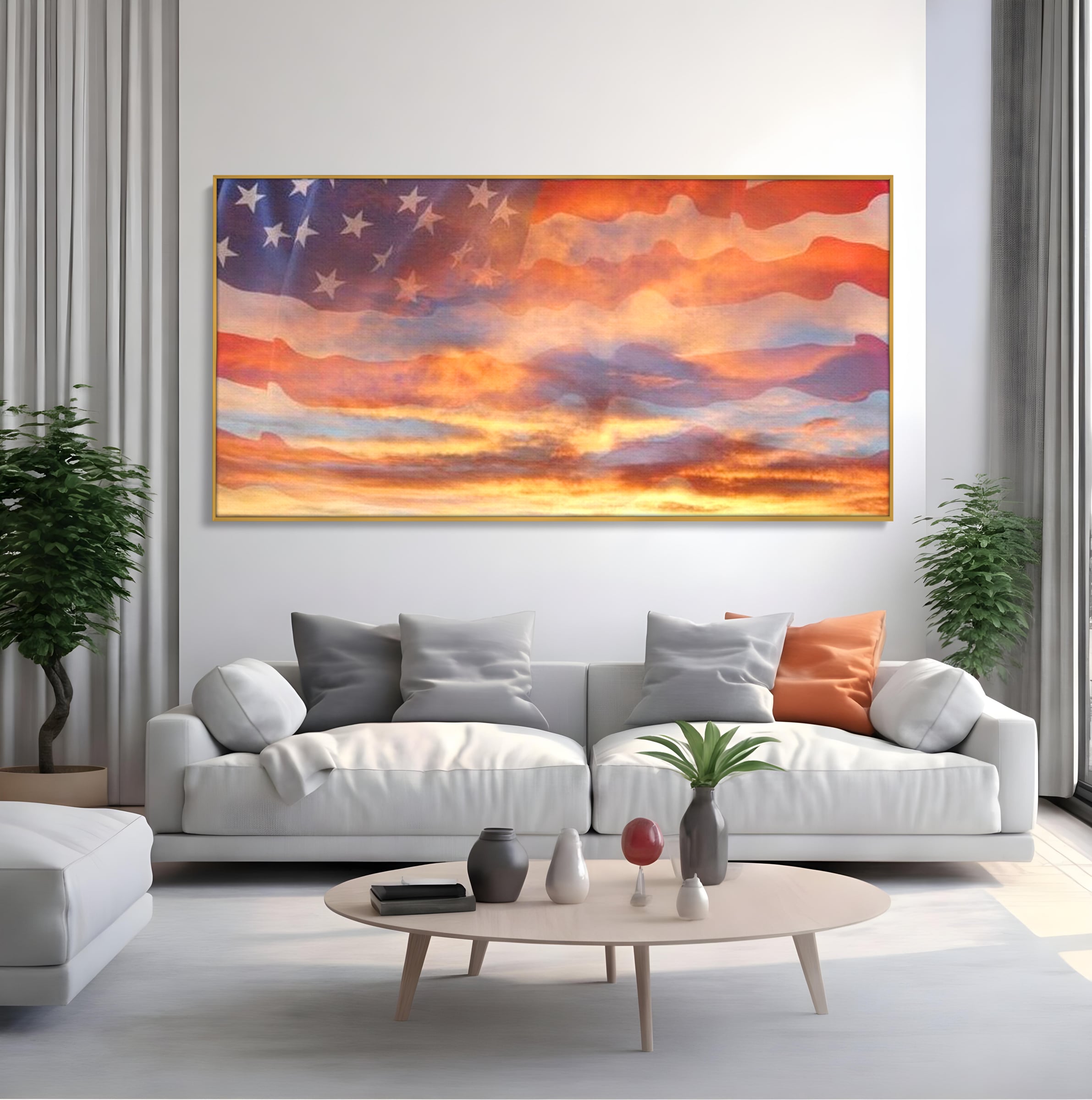 Tablou Canvas Premium, LuxCanva® L1018, Apus American, Apus, Cer, Nori, Steag, America, Lumina, Peisaj, Simbol, Natiune, Birou, Living, Camera Copii