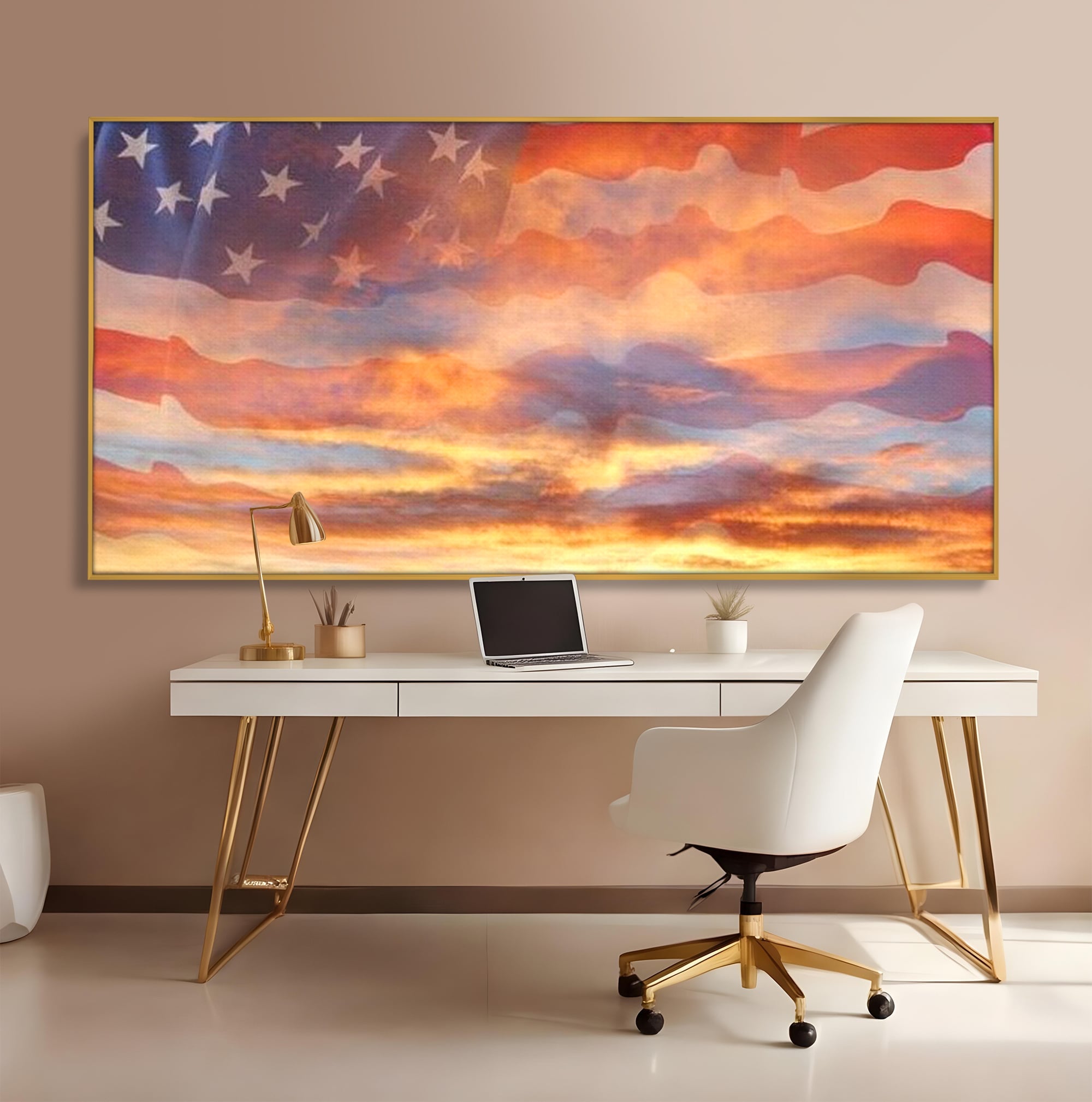 Tablou Canvas Premium, LuxCanva® L1018, Apus American, Apus, Cer, Nori, Steag, America, Lumina, Peisaj, Simbol, Natiune, Birou, Living, Camera Copii