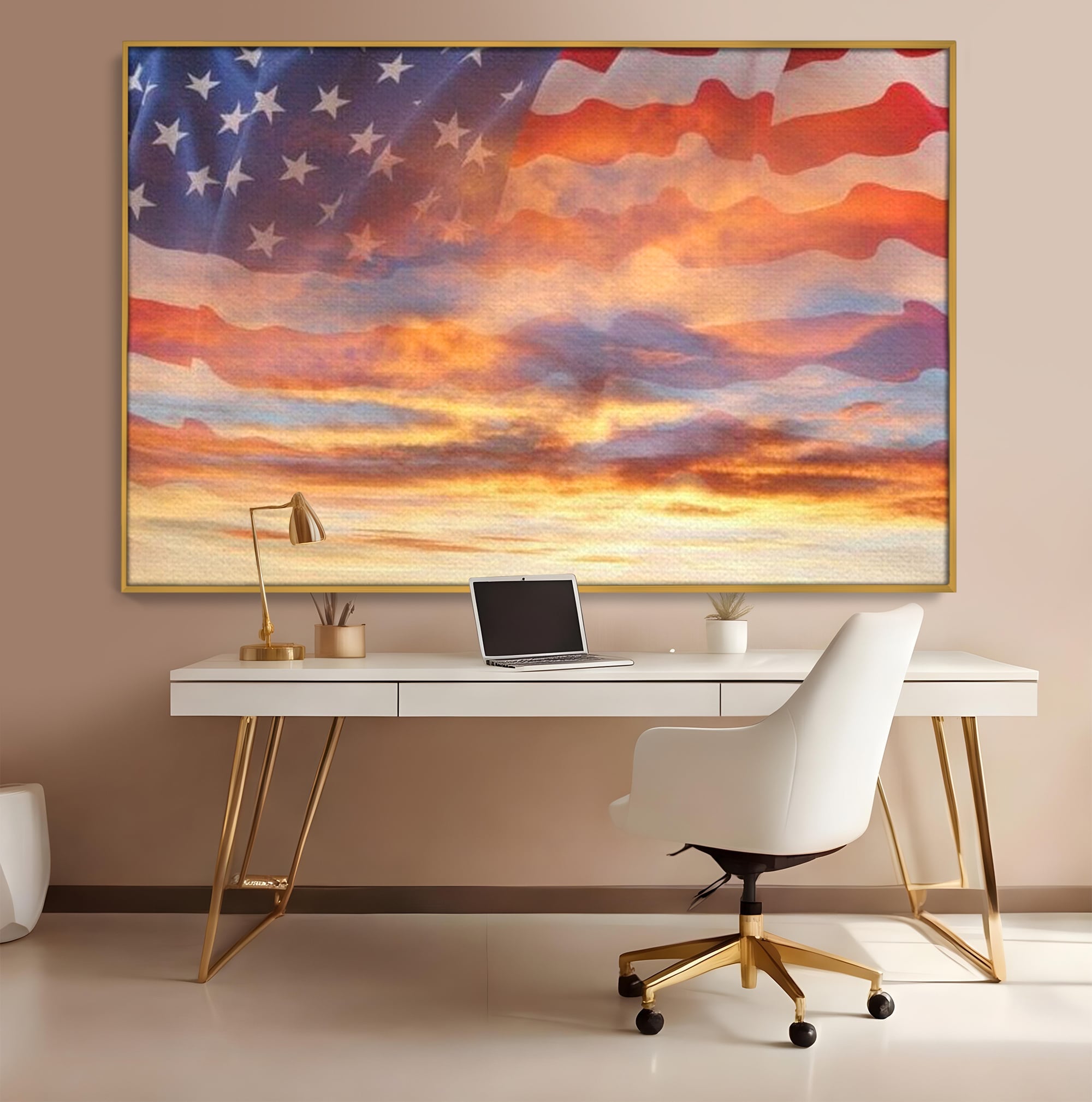 Tablou Canvas Premium, LuxCanva® L1018, Apus American, Apus, Cer, Nori, Steag, America, Lumina, Peisaj, Simbol, Natiune, Birou, Living, Camera Copii