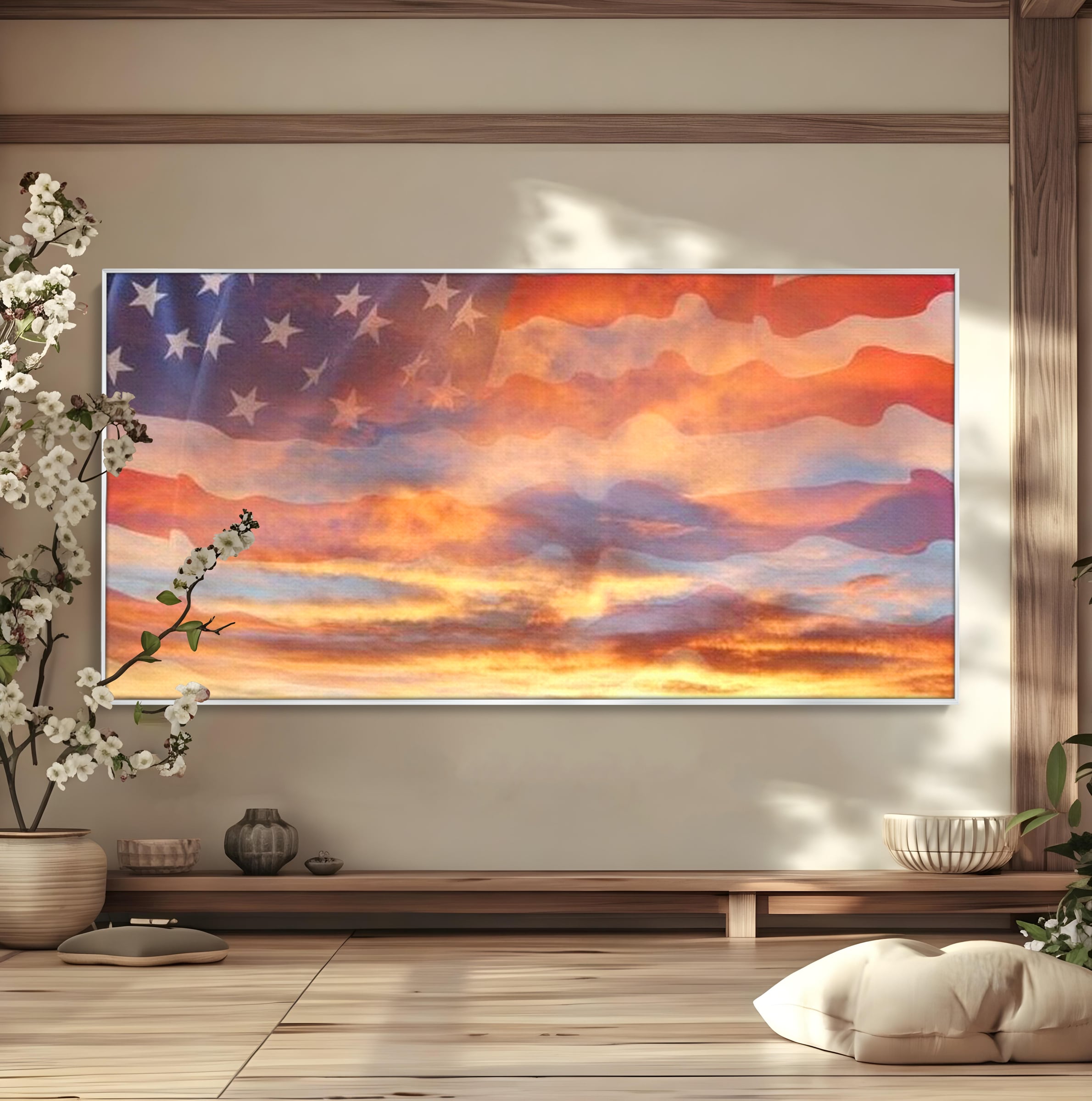 Tablou Canvas Premium, LuxCanva® L1018, Apus American, Apus, Cer, Nori, Steag, America, Lumina, Peisaj, Simbol, Natiune, Birou, Living, Camera Copii