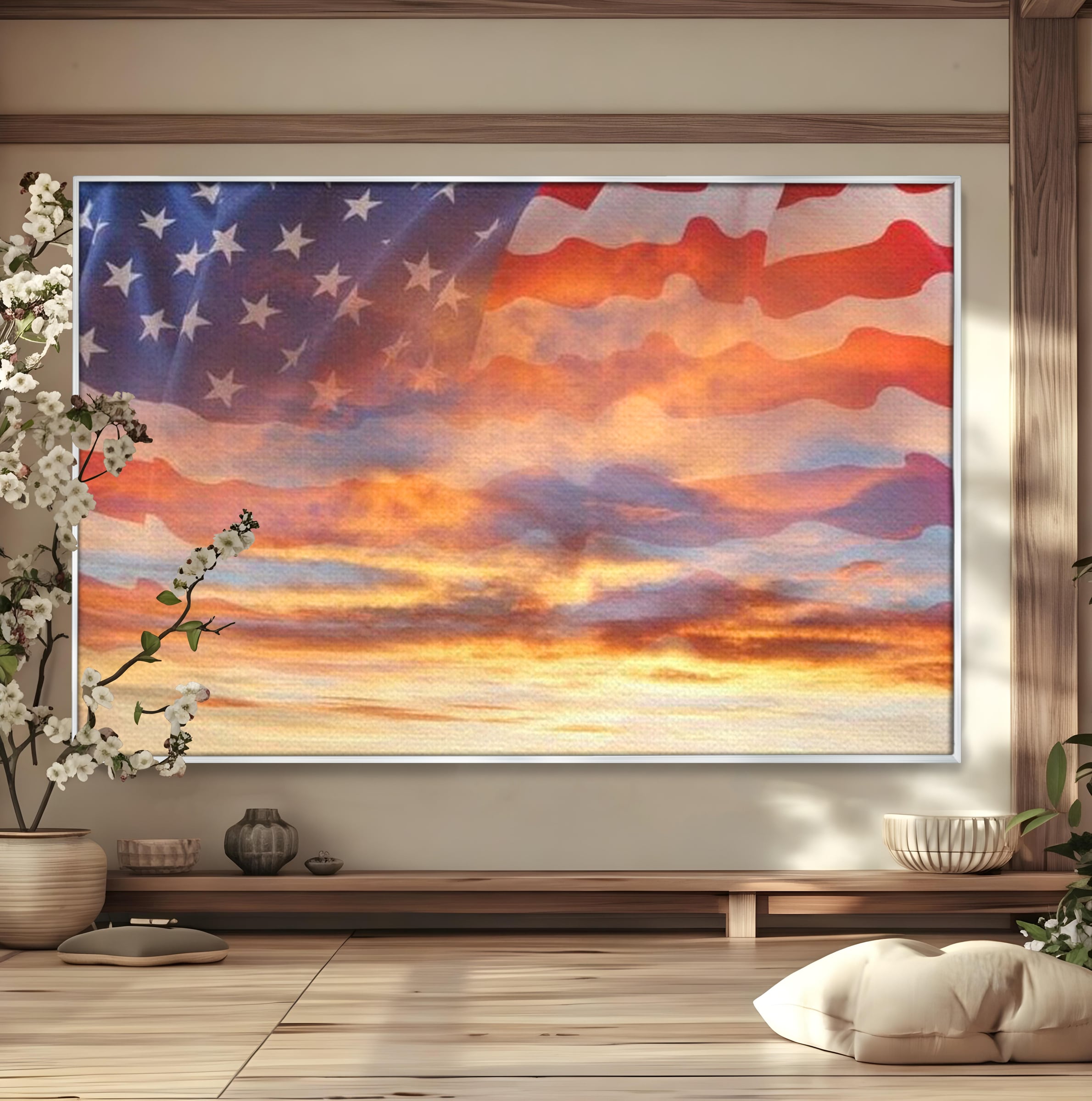 Tablou Canvas Premium, LuxCanva® L1018, Apus American, Apus, Cer, Nori, Steag, America, Lumina, Peisaj, Simbol, Natiune, Birou, Living, Camera Copii