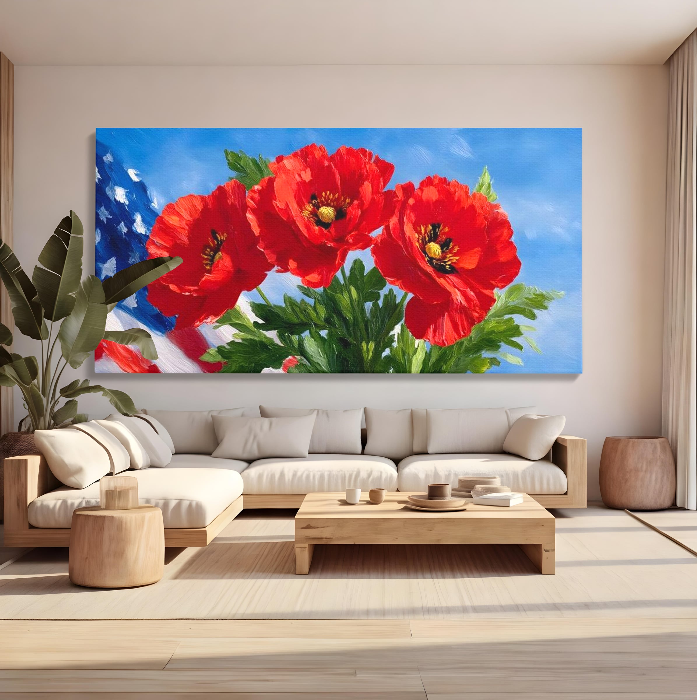 Tablou Canvas Premium, LuxCanva® L1019, Patrie in Petale, Flori, Maci, Petale, Steag, Omagiu, America, Simbol, Natura, Birou, Living, Camera Copii