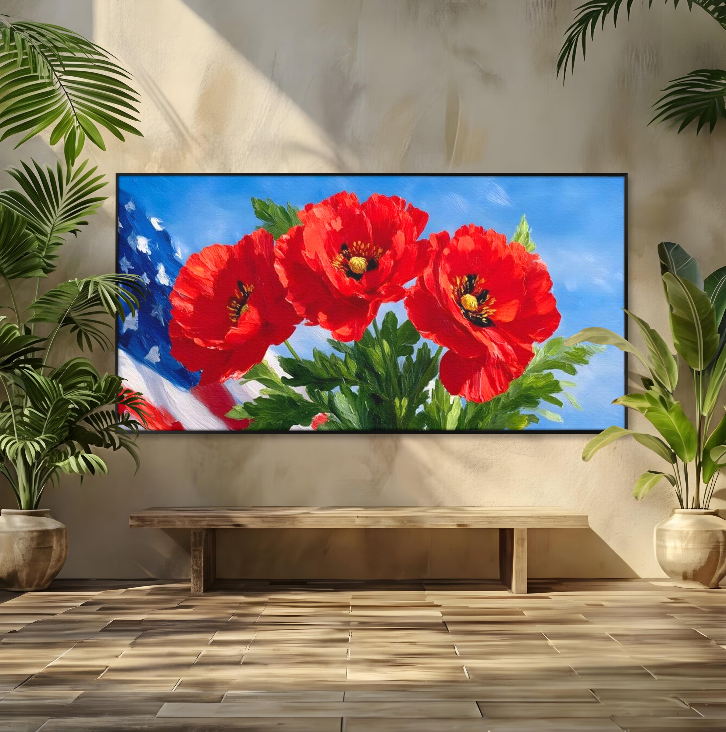 Tablou Canvas Premium, LuxCanva® L1019, Patrie in Petale, Flori, Maci, Petale, Steag, Omagiu, America, Simbol, Natura, Birou, Living, Camera Copii