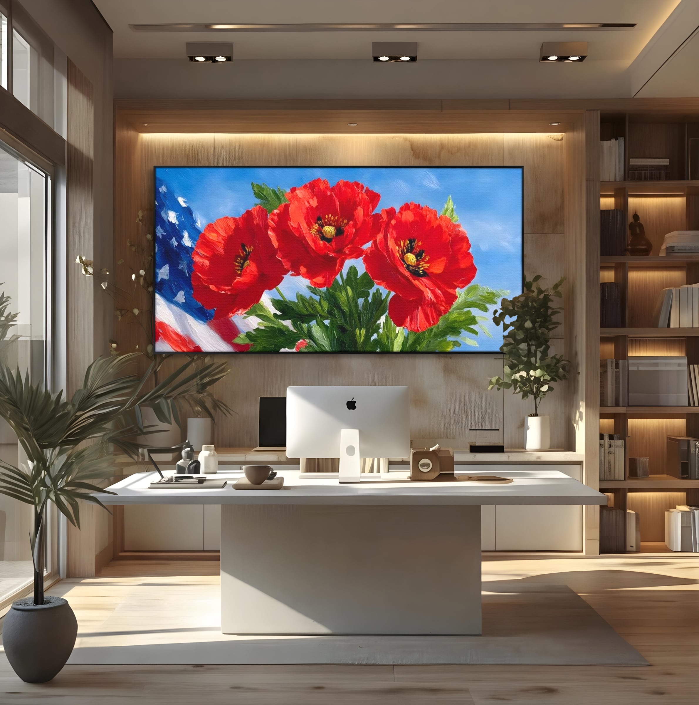 Tablou Canvas Premium, LuxCanva® L1019, Patrie in Petale, Flori, Maci, Petale, Steag, Omagiu, America, Simbol, Natura, Birou, Living, Camera Copii