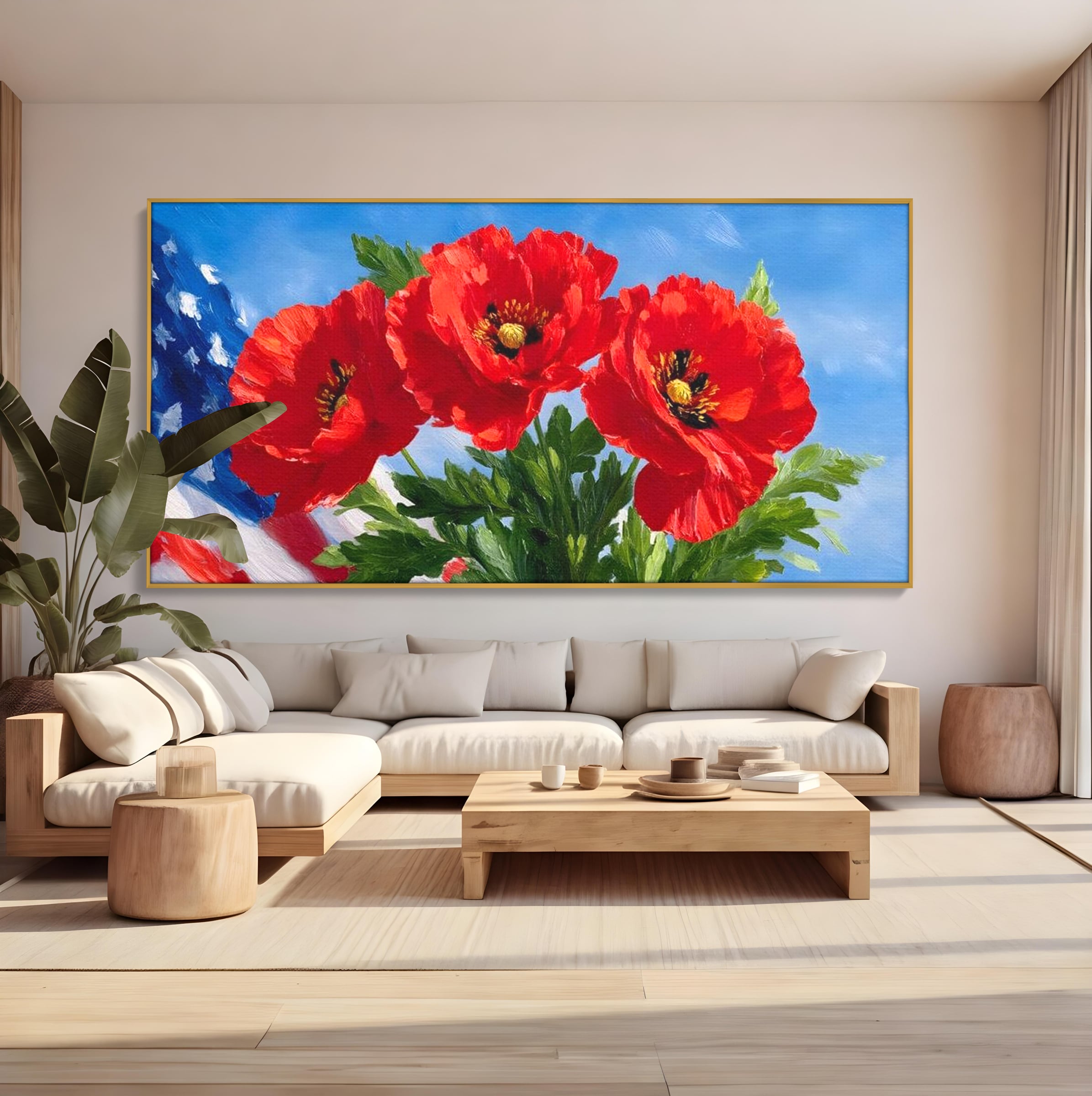 Tablou Canvas Premium, LuxCanva® L1019, Patrie in Petale, Flori, Maci, Petale, Steag, Omagiu, America, Simbol, Natura, Birou, Living, Camera Copii