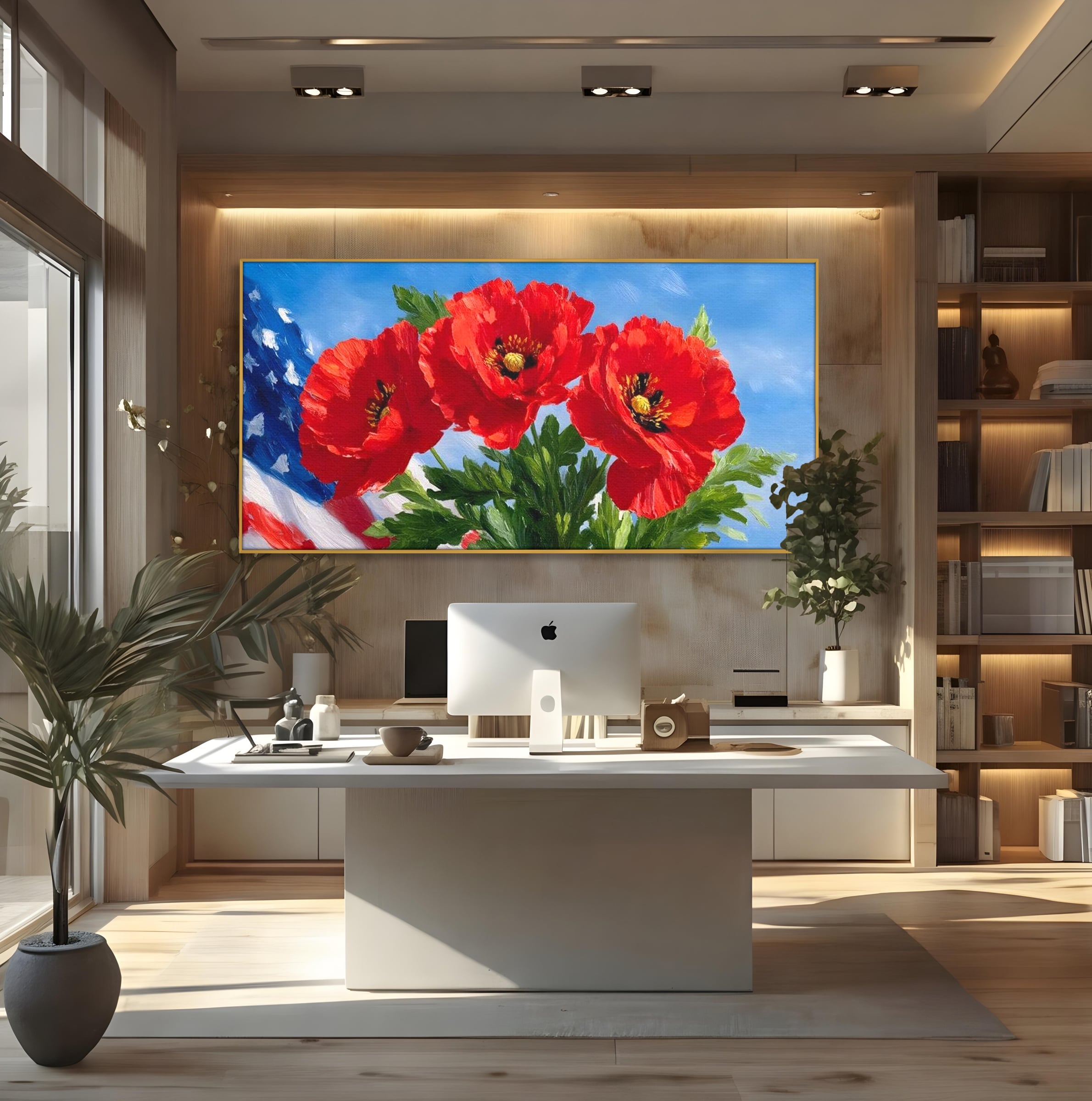Tablou Canvas Premium, LuxCanva® L1019, Patrie in Petale, Flori, Maci, Petale, Steag, Omagiu, America, Simbol, Natura, Birou, Living, Camera Copii