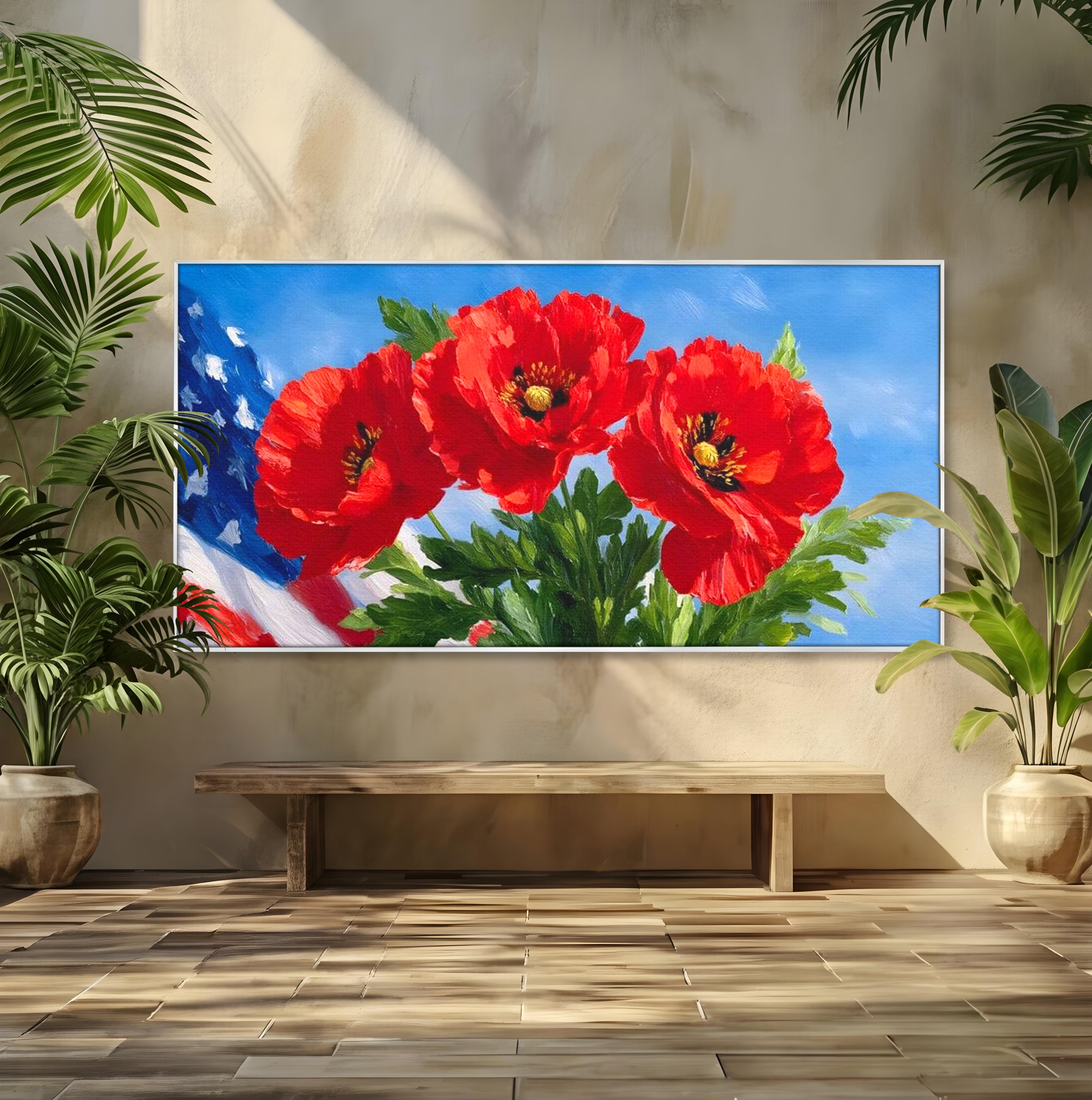 Tablou Canvas Premium, LuxCanva® L1019, Patrie in Petale, Flori, Maci, Petale, Steag, Omagiu, America, Simbol, Natura, Birou, Living, Camera Copii