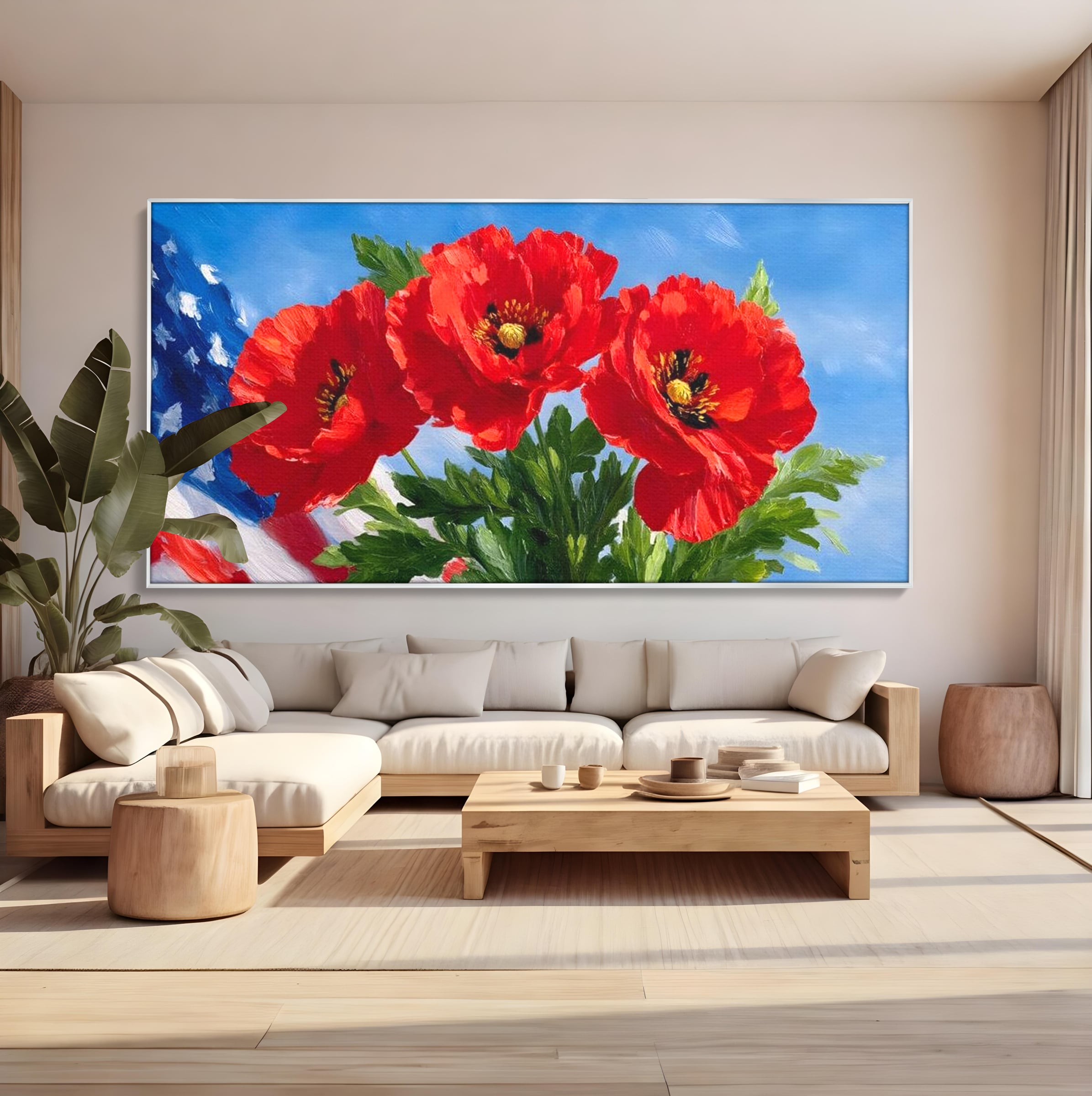 Tablou Canvas Premium, LuxCanva® L1019, Patrie in Petale, Flori, Maci, Petale, Steag, Omagiu, America, Simbol, Natura, Birou, Living, Camera Copii