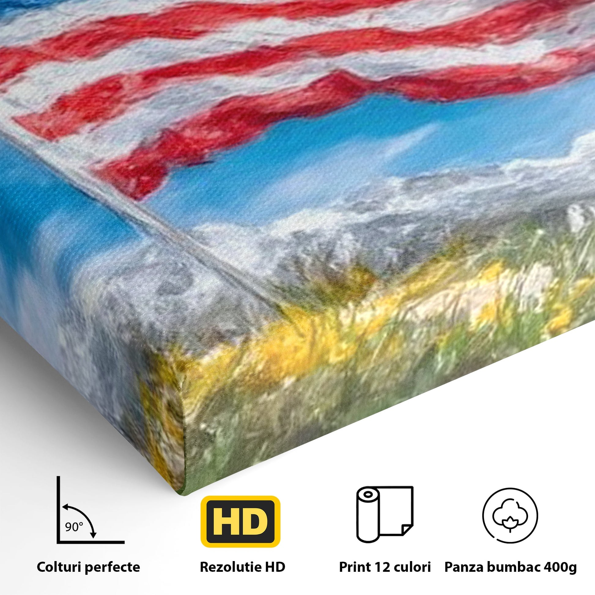 Tablou Canvas Premium, LuxCanva® L1020, Steagul Gloriei, Munti, Cer, Peisaj, Natura, Steag, America, Eroi, Simbol, Birou, Living, Camera Copii