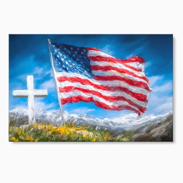Tablou Canvas Premium, LuxCanva® L1020, Steagul Gloriei, Munti, Cer, Peisaj, Natura, Steag, America, Eroi, Simbol, Birou, Living, Camera Copii