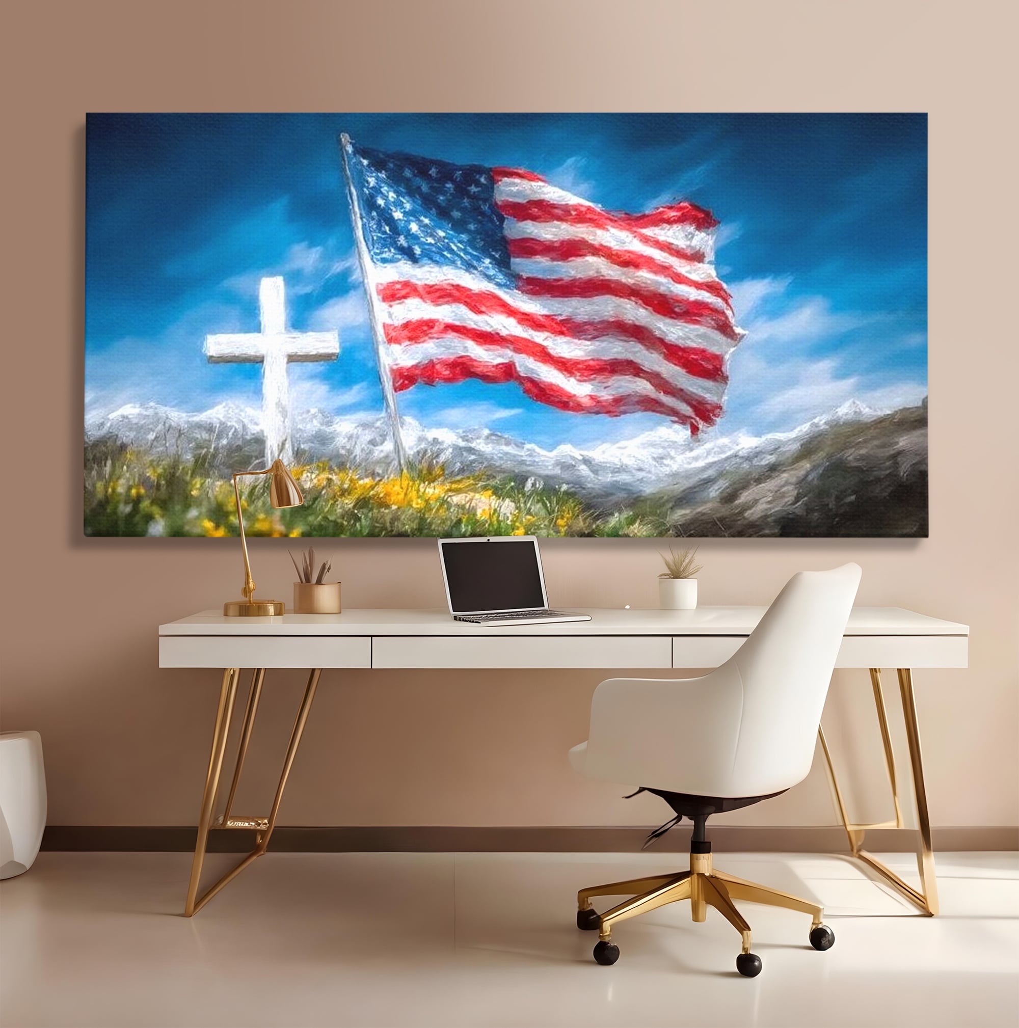 Tablou Canvas Premium, LuxCanva® L1020, Steagul Gloriei, Munti, Cer, Peisaj, Natura, Steag, America, Eroi, Simbol, Birou, Living, Camera Copii