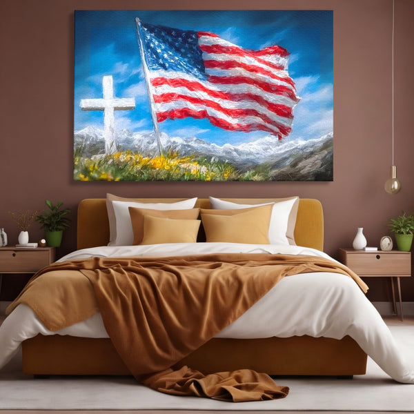 Tablou Canvas Premium, LuxCanva® L1020, Steagul Gloriei, Munti, Cer, Peisaj, Natura, Steag, America, Eroi, Simbol, Birou, Living, Camera Copii