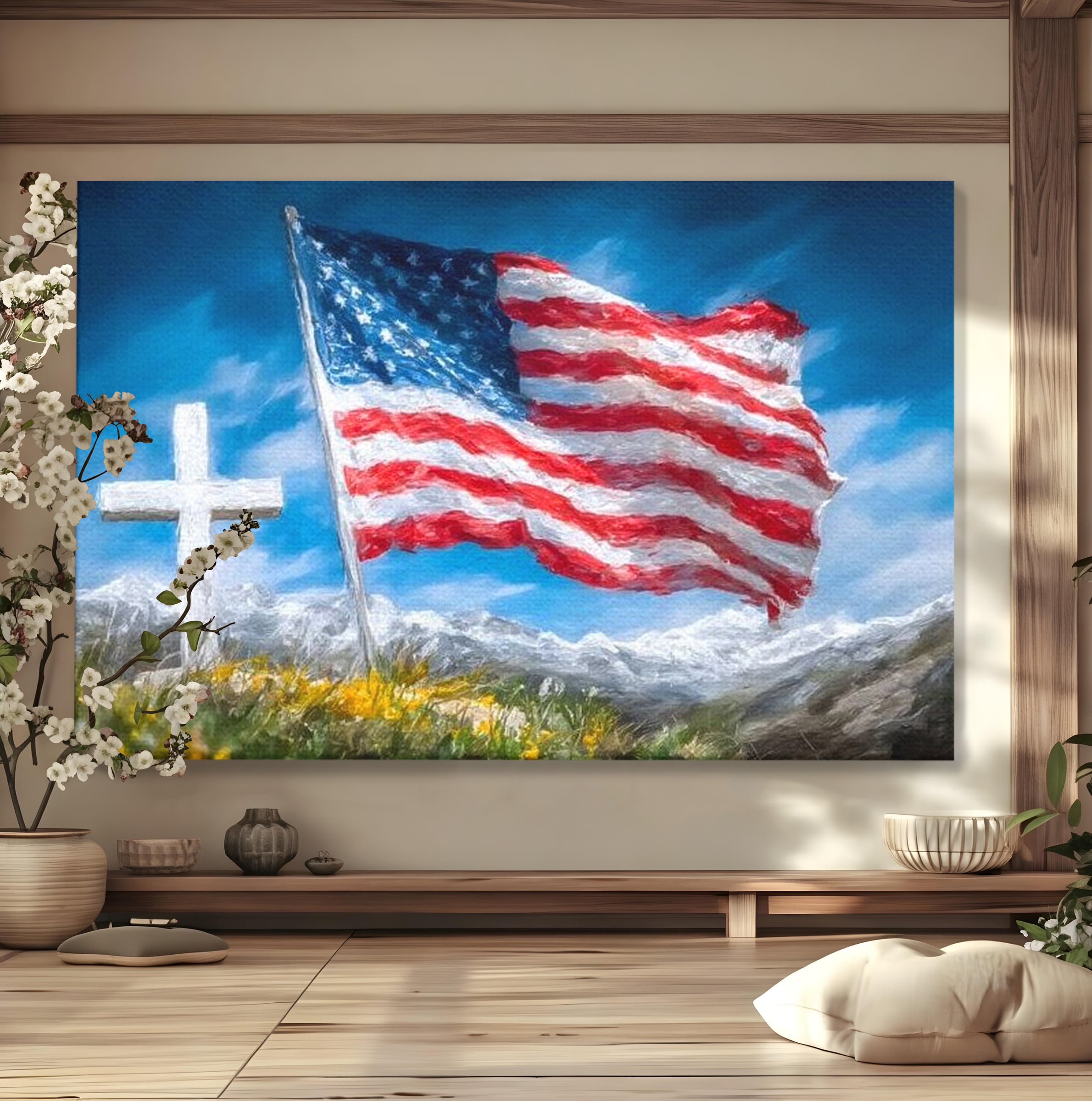 Tablou Canvas Premium, LuxCanva® L1020, Steagul Gloriei, Munti, Cer, Peisaj, Natura, Steag, America, Eroi, Simbol, Birou, Living, Camera Copii