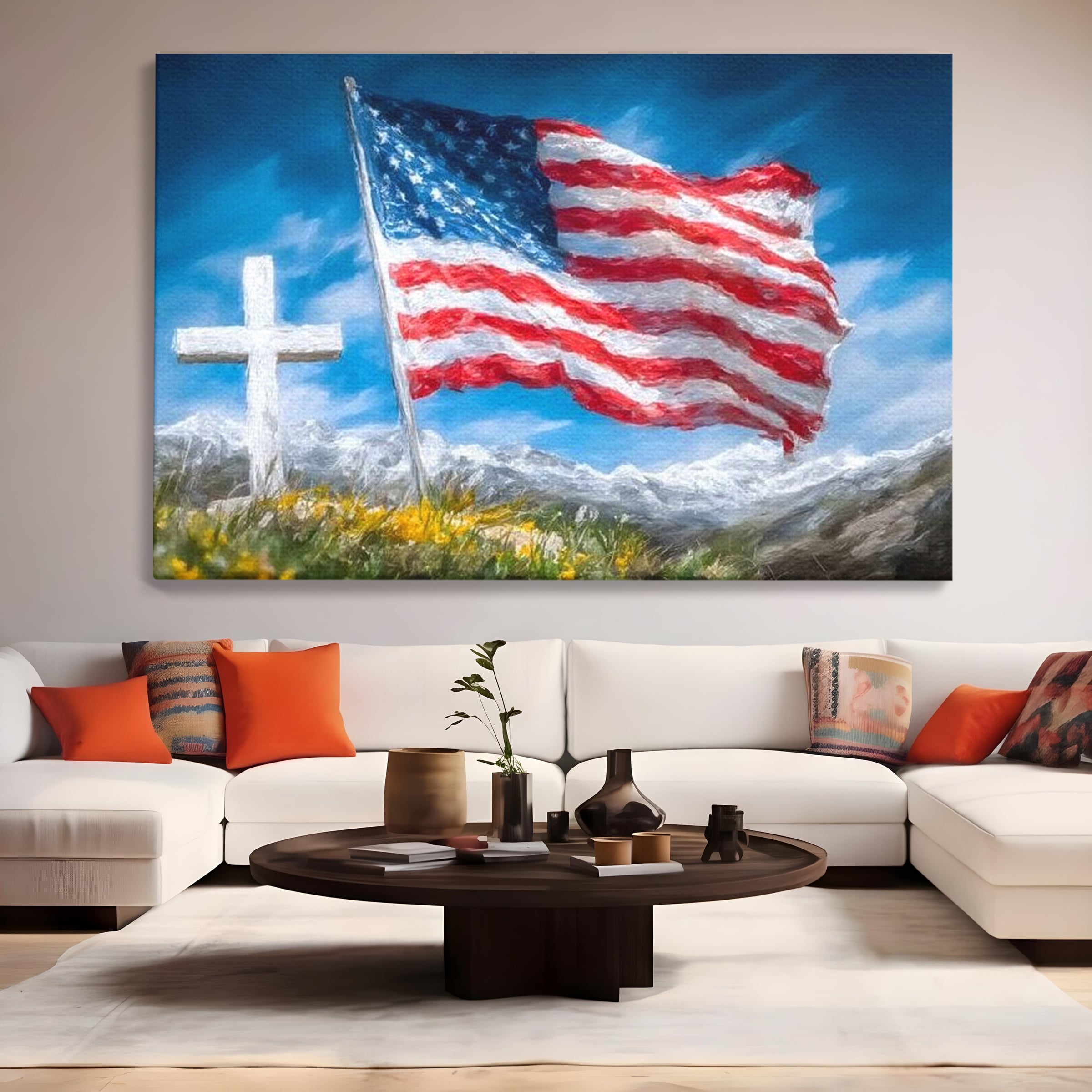 Tablou Canvas Premium, LuxCanva® L1020, Steagul Gloriei, Munti, Cer, Peisaj, Natura, Steag, America, Eroi, Simbol, Birou, Living, Camera Copii