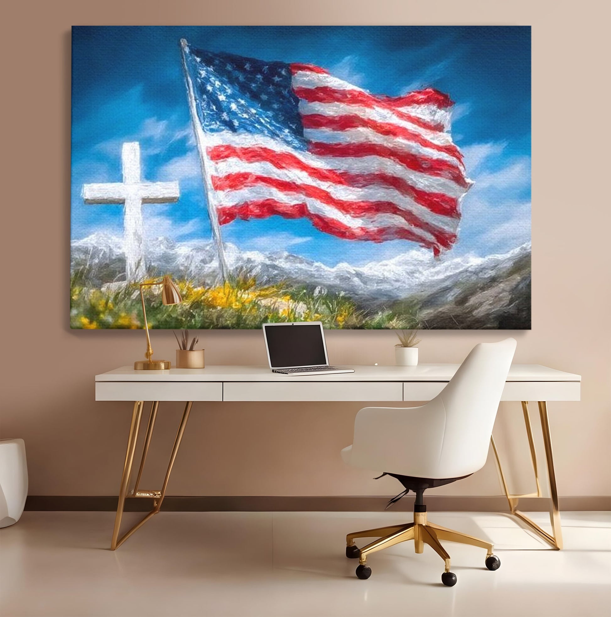 Tablou Canvas Premium, LuxCanva® L1020, Steagul Gloriei, Munti, Cer, Peisaj, Natura, Steag, America, Eroi, Simbol, Birou, Living, Camera Copii
