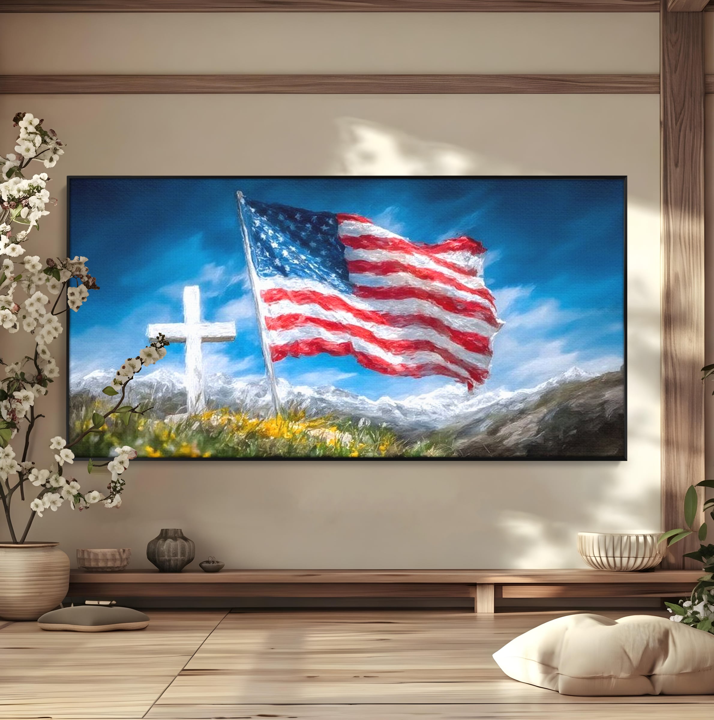 Tablou Canvas Premium, LuxCanva® L1020, Steagul Gloriei, Munti, Cer, Peisaj, Natura, Steag, America, Eroi, Simbol, Birou, Living, Camera Copii