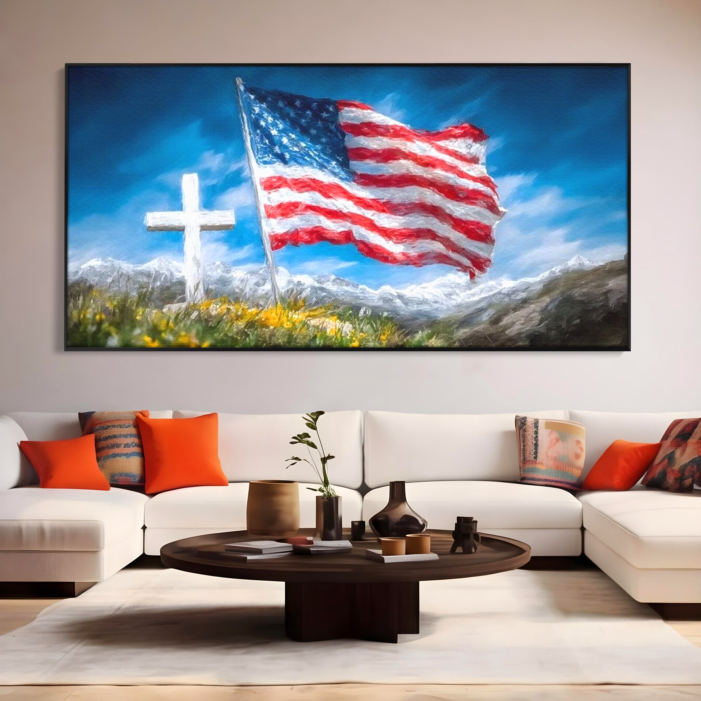 Tablou Canvas Premium, LuxCanva® L1020, Steagul Gloriei, Munti, Cer, Peisaj, Natura, Steag, America, Eroi, Simbol, Birou, Living, Camera Copii
