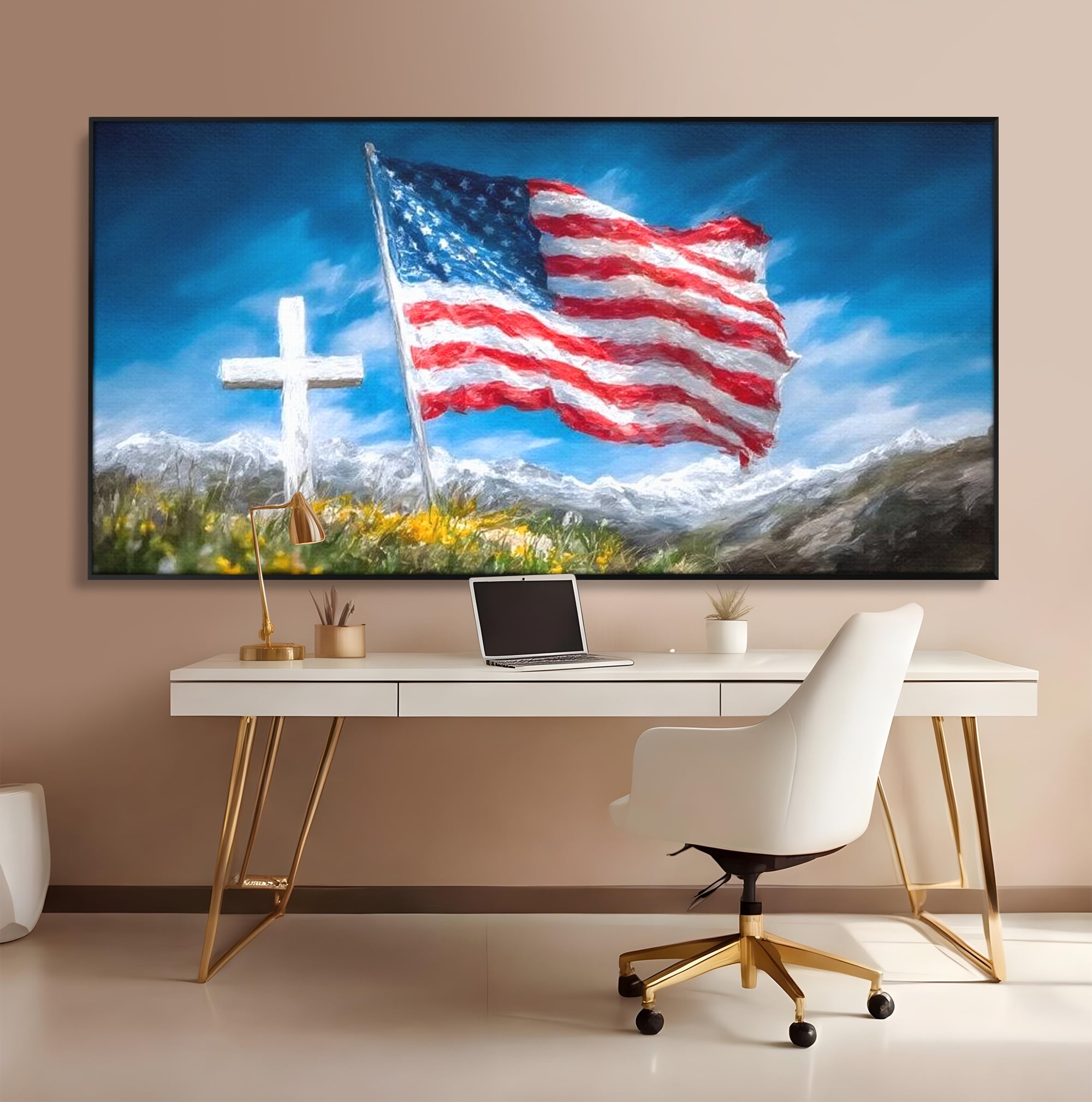 Tablou Canvas Premium, LuxCanva® L1020, Steagul Gloriei, Munti, Cer, Peisaj, Natura, Steag, America, Eroi, Simbol, Birou, Living, Camera Copii