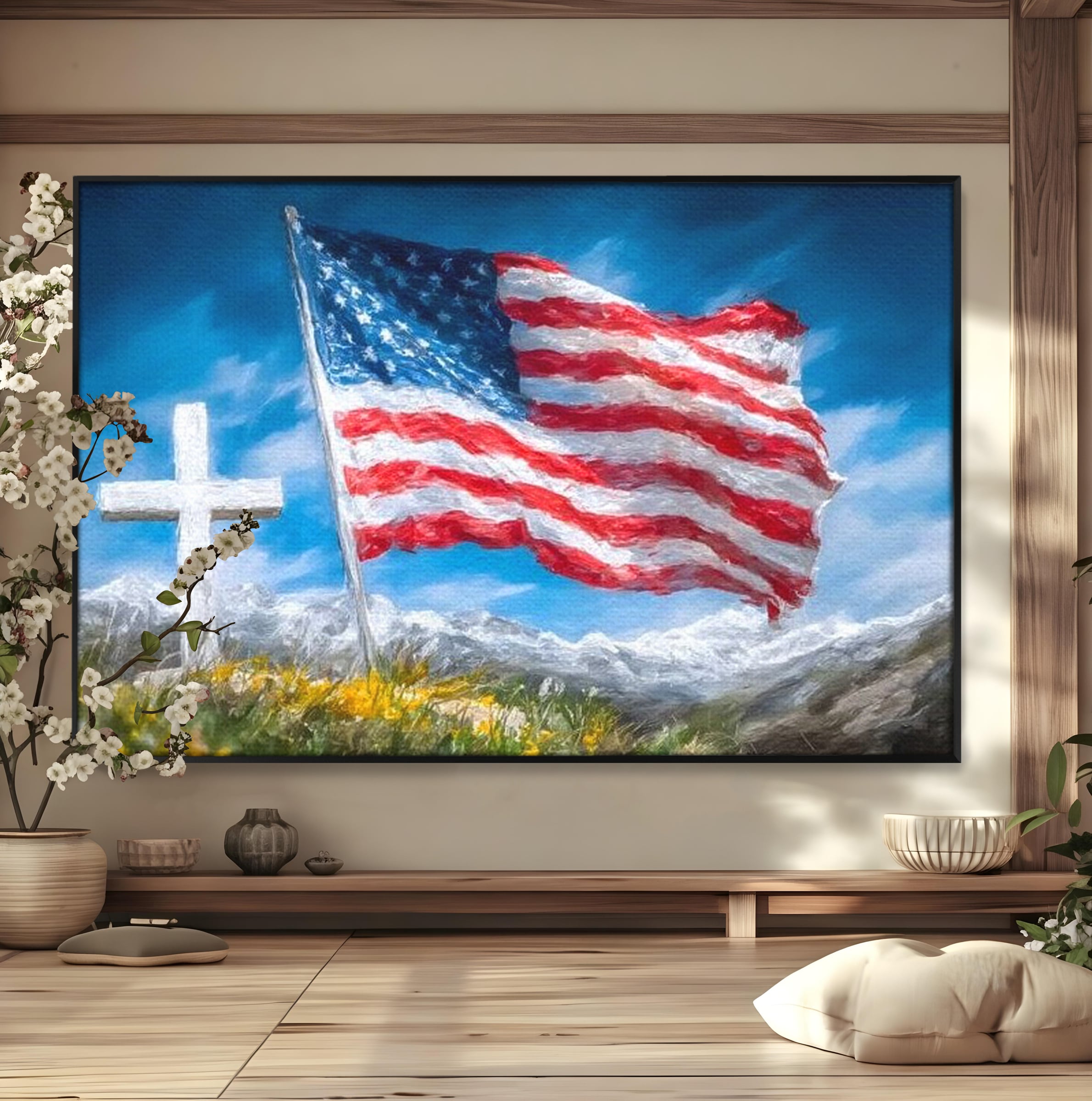 Tablou Canvas Premium, LuxCanva® L1020, Steagul Gloriei, Munti, Cer, Peisaj, Natura, Steag, America, Eroi, Simbol, Birou, Living, Camera Copii