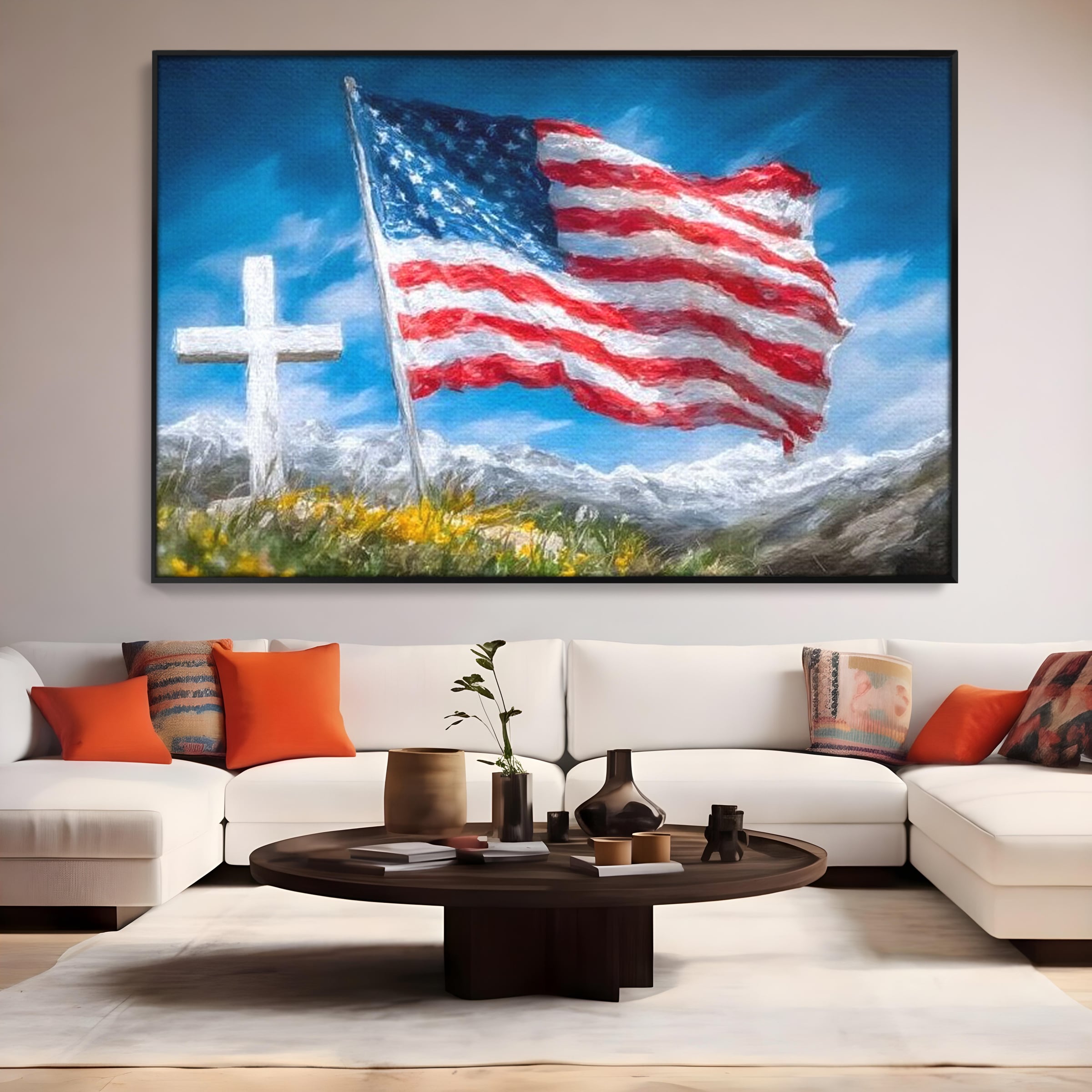 Tablou Canvas Premium, LuxCanva® L1020, Steagul Gloriei, Munti, Cer, Peisaj, Natura, Steag, America, Eroi, Simbol, Birou, Living, Camera Copii