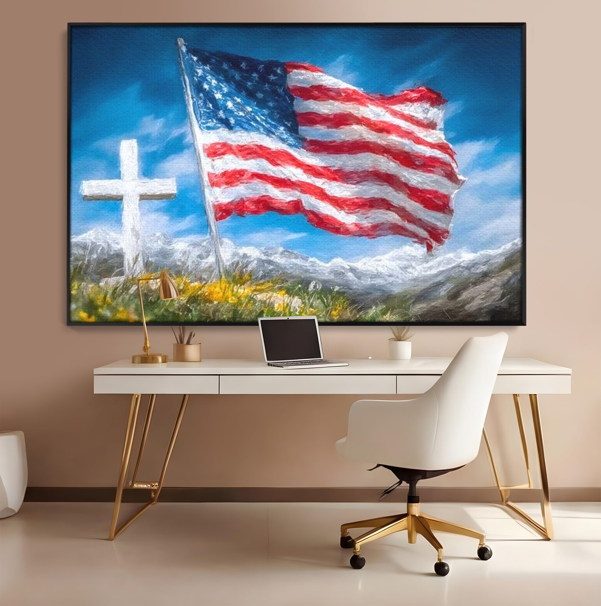 Tablou Canvas Premium, LuxCanva® L1020, Steagul Gloriei, Munti, Cer, Peisaj, Natura, Steag, America, Eroi, Simbol, Birou, Living, Camera Copii