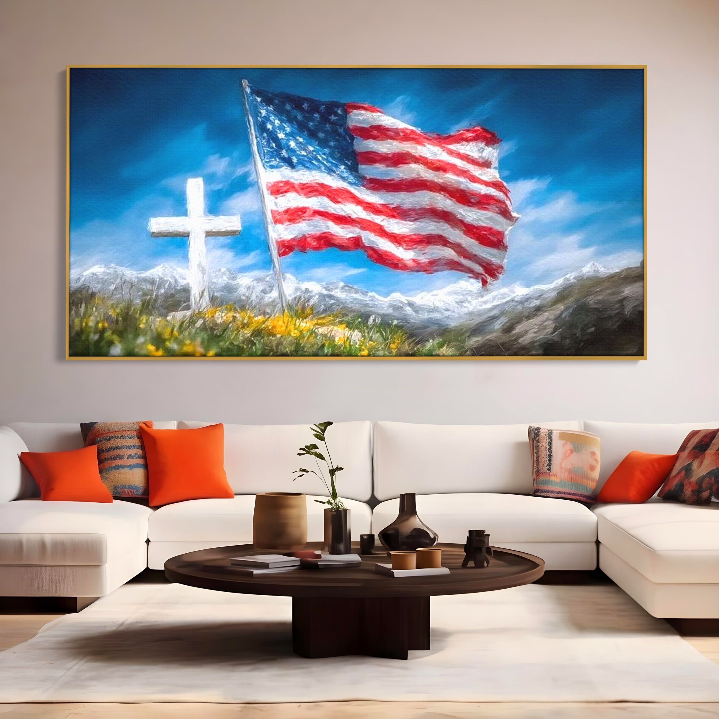 Tablou Canvas Premium, LuxCanva® L1020, Steagul Gloriei, Munti, Cer, Peisaj, Natura, Steag, America, Eroi, Simbol, Birou, Living, Camera Copii