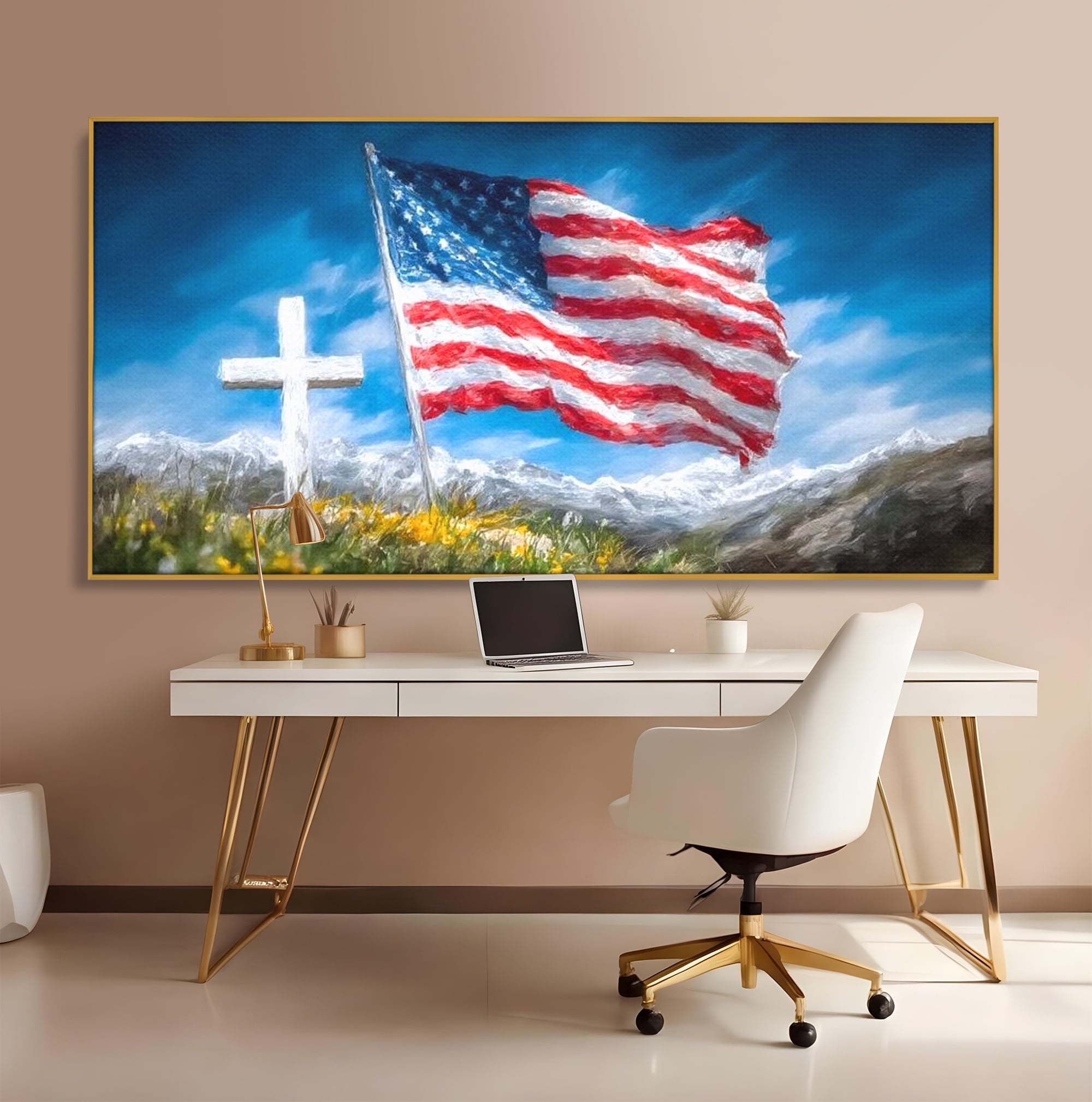 Tablou Canvas Premium, LuxCanva® L1020, Steagul Gloriei, Munti, Cer, Peisaj, Natura, Steag, America, Eroi, Simbol, Birou, Living, Camera Copii