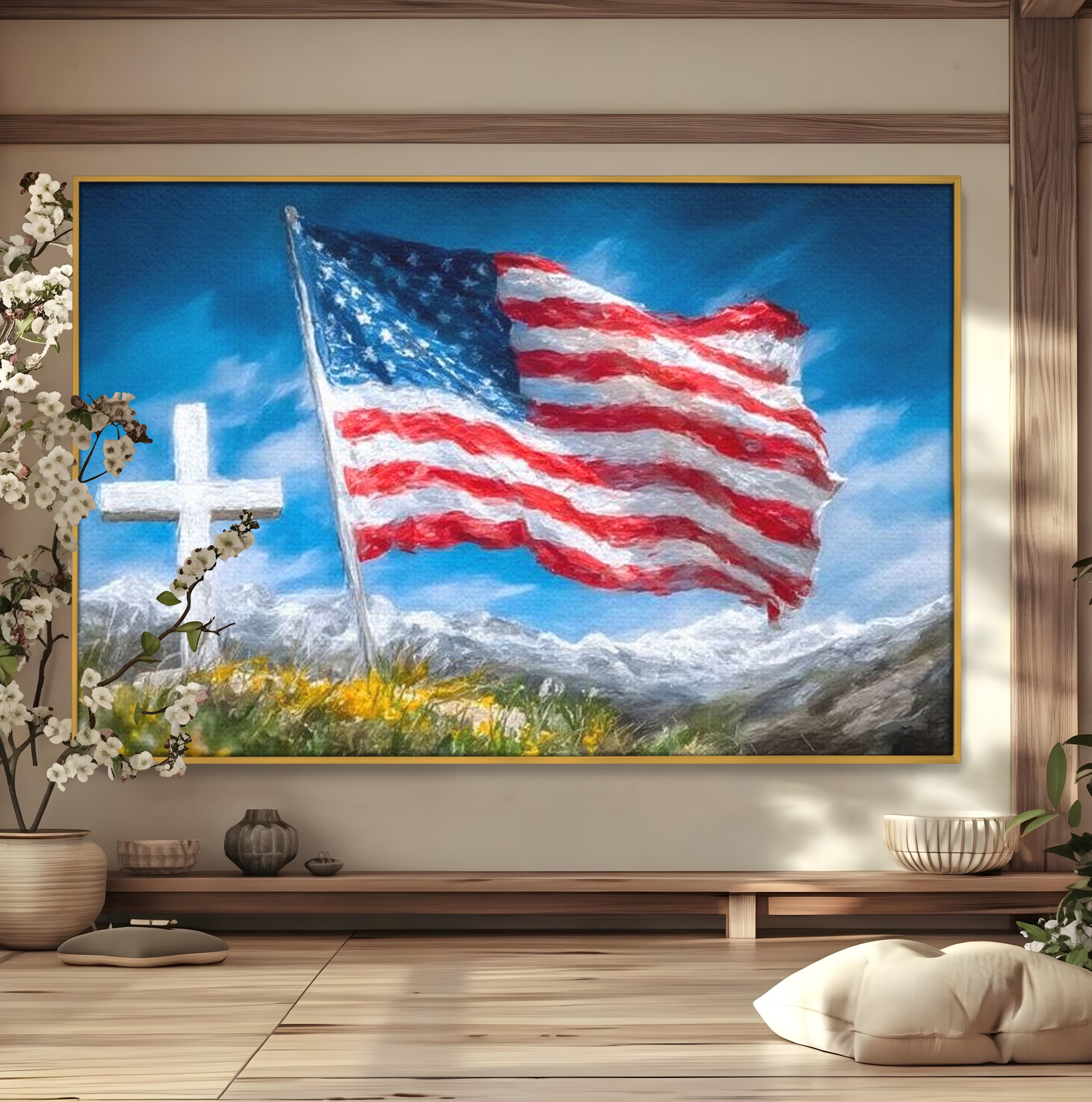 Tablou Canvas Premium, LuxCanva® L1020, Steagul Gloriei, Munti, Cer, Peisaj, Natura, Steag, America, Eroi, Simbol, Birou, Living, Camera Copii