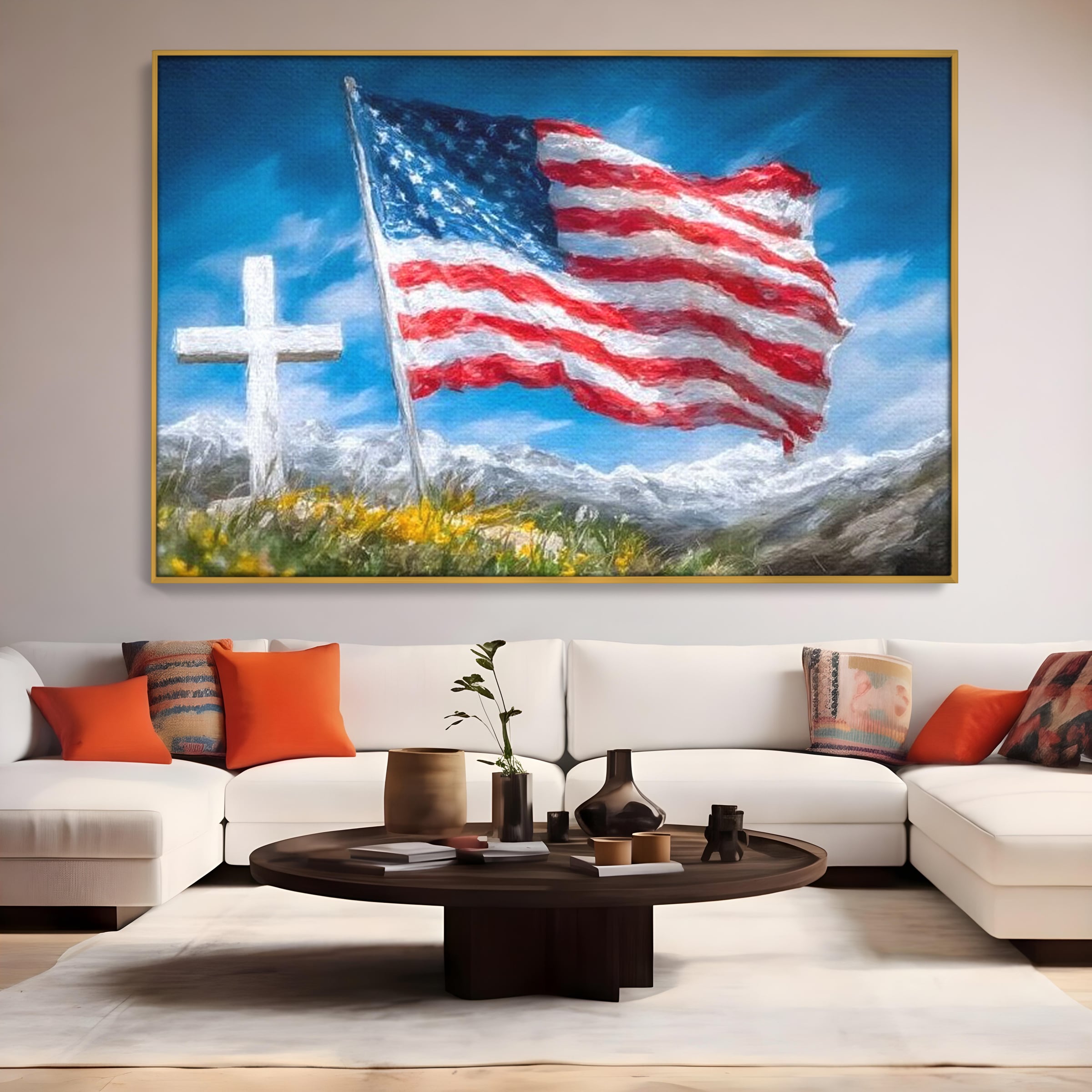 Tablou Canvas Premium, LuxCanva® L1020, Steagul Gloriei, Munti, Cer, Peisaj, Natura, Steag, America, Eroi, Simbol, Birou, Living, Camera Copii