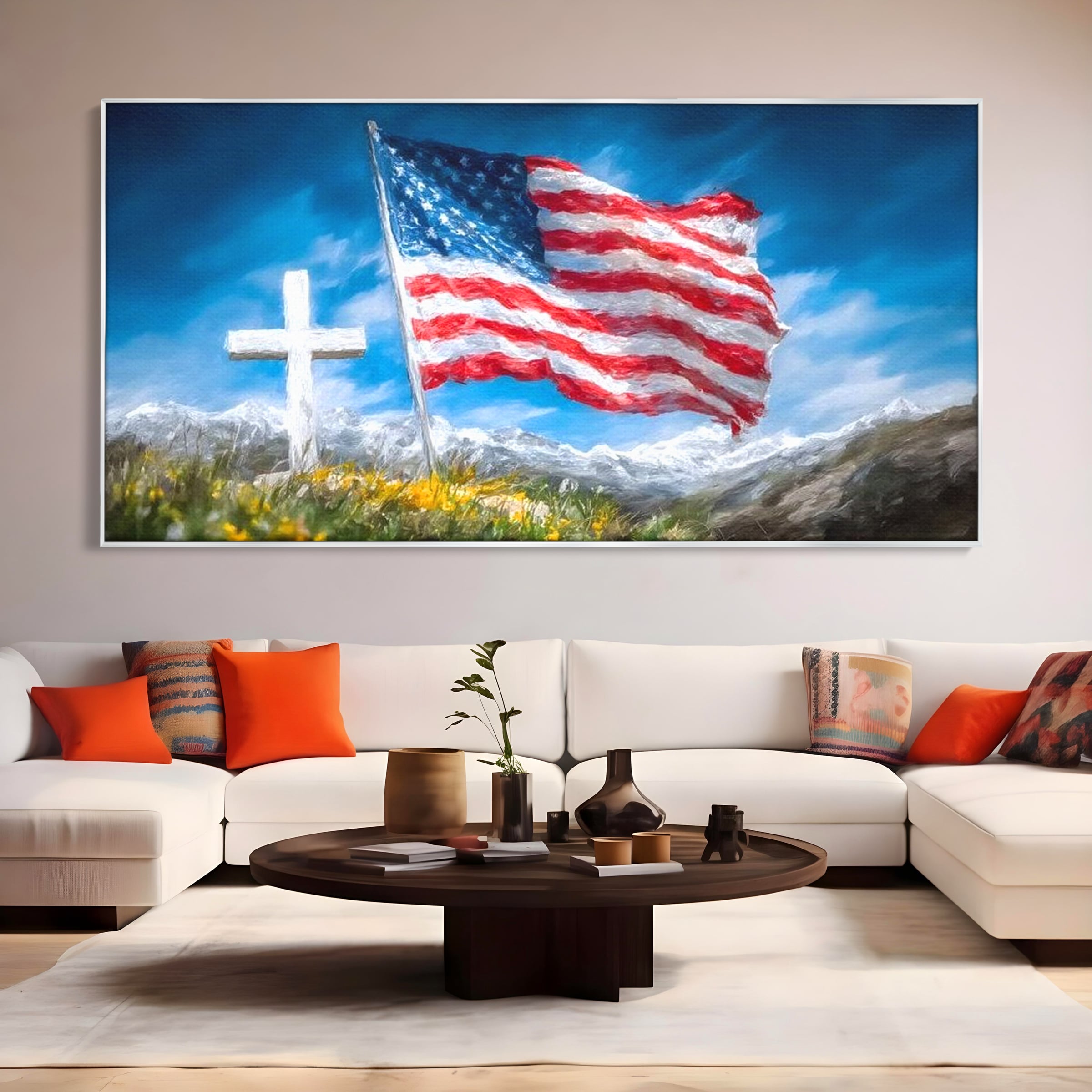 Tablou Canvas Premium, LuxCanva® L1020, Steagul Gloriei, Munti, Cer, Peisaj, Natura, Steag, America, Eroi, Simbol, Birou, Living, Camera Copii