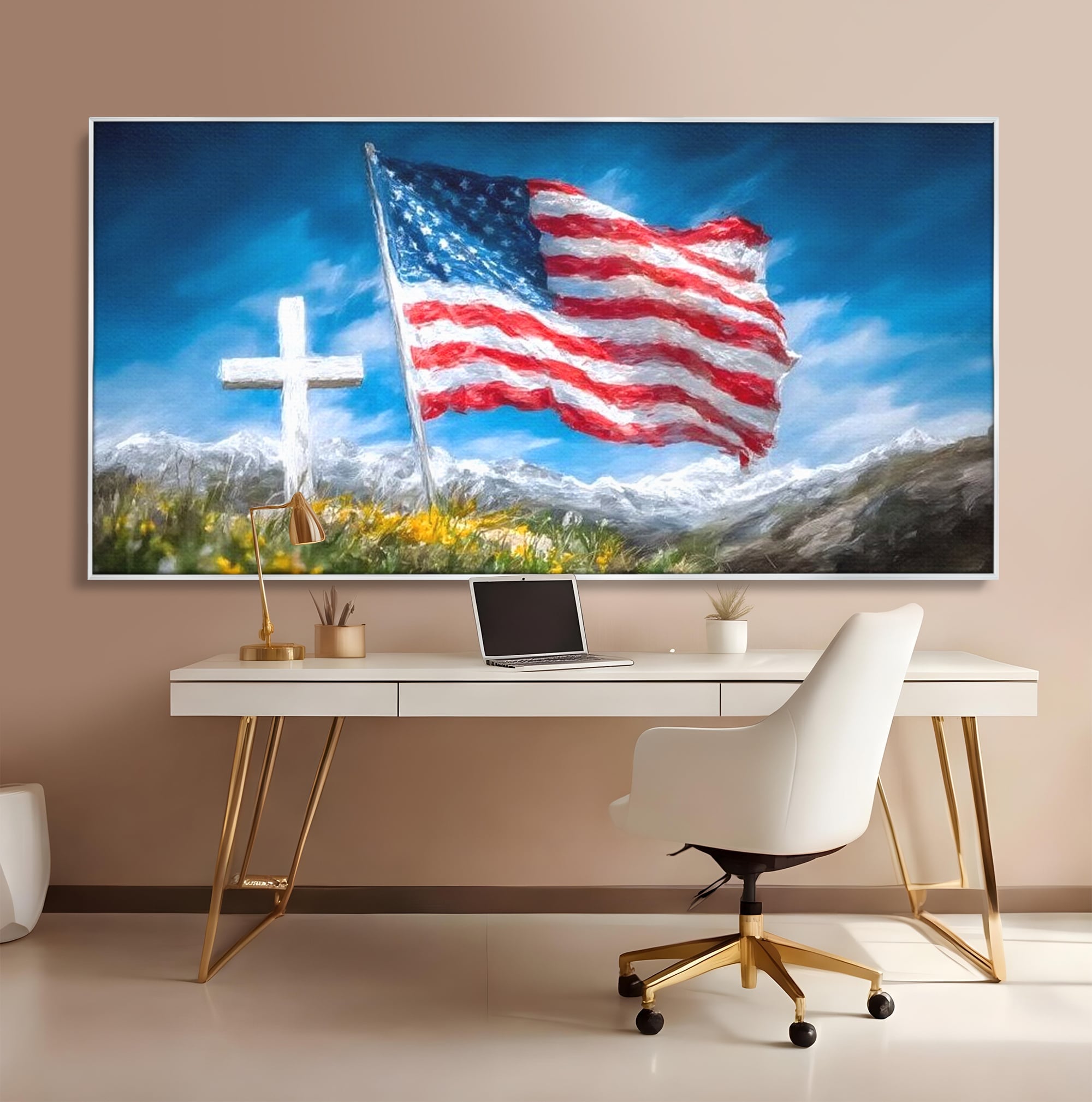 Tablou Canvas Premium, LuxCanva® L1020, Steagul Gloriei, Munti, Cer, Peisaj, Natura, Steag, America, Eroi, Simbol, Birou, Living, Camera Copii