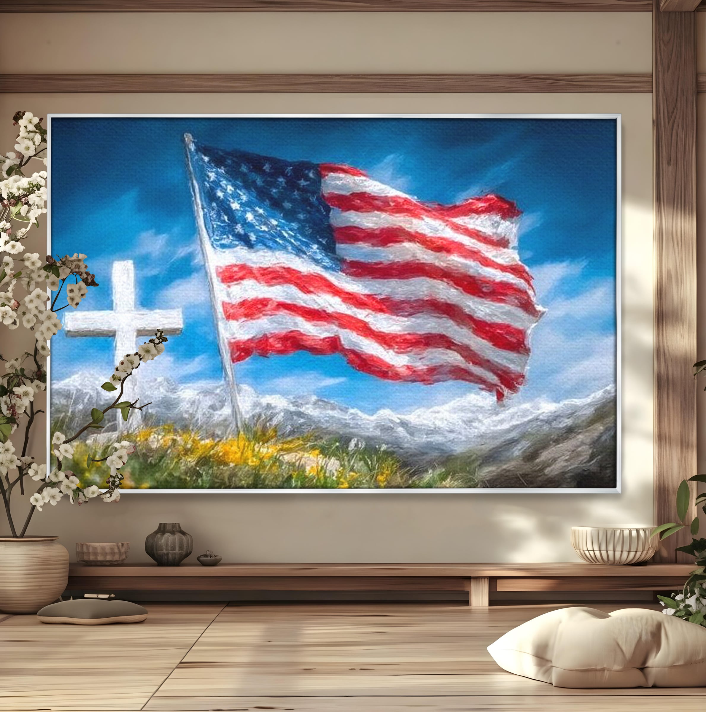 Tablou Canvas Premium, LuxCanva® L1020, Steagul Gloriei, Munti, Cer, Peisaj, Natura, Steag, America, Eroi, Simbol, Birou, Living, Camera Copii